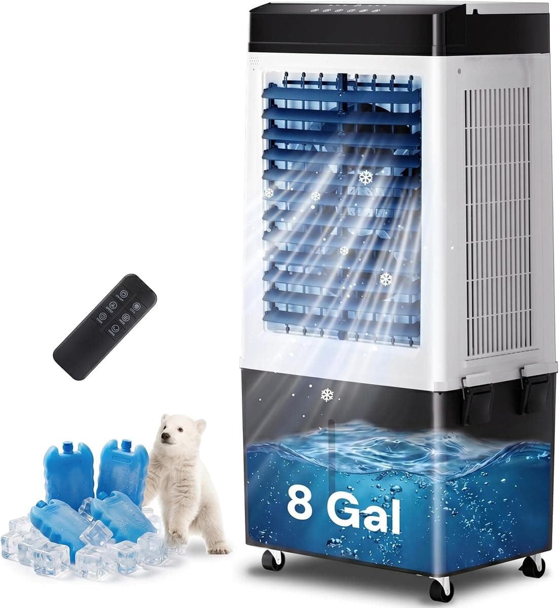 Swamp Cooler Air Conditioner, 3200 CFM Evaporative Air Cooler, 8 Gal Water Tank, 4 Ice Packs, 120° Swing, 12H Timer, 3 Modes, 3 Speeds, 3-IN-1 Windowless Portable AC Unit, Room Cooler for Indoor Use