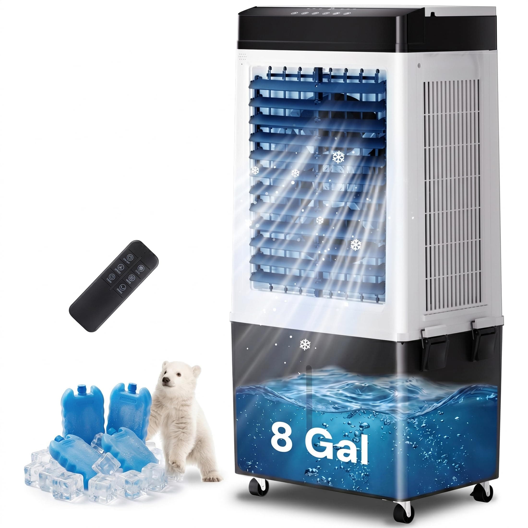 Swamp Cooler Air Conditioner, 3200 CFM Evaporative Air Cooler, 8 Gal Water Tank, 4 Ice Packs, 120° Swing, 12H Timer, 3 Modes, 3 Speeds, 3-IN-1 Windowless Portable AC Unit, Room Cooler for Indoor Use