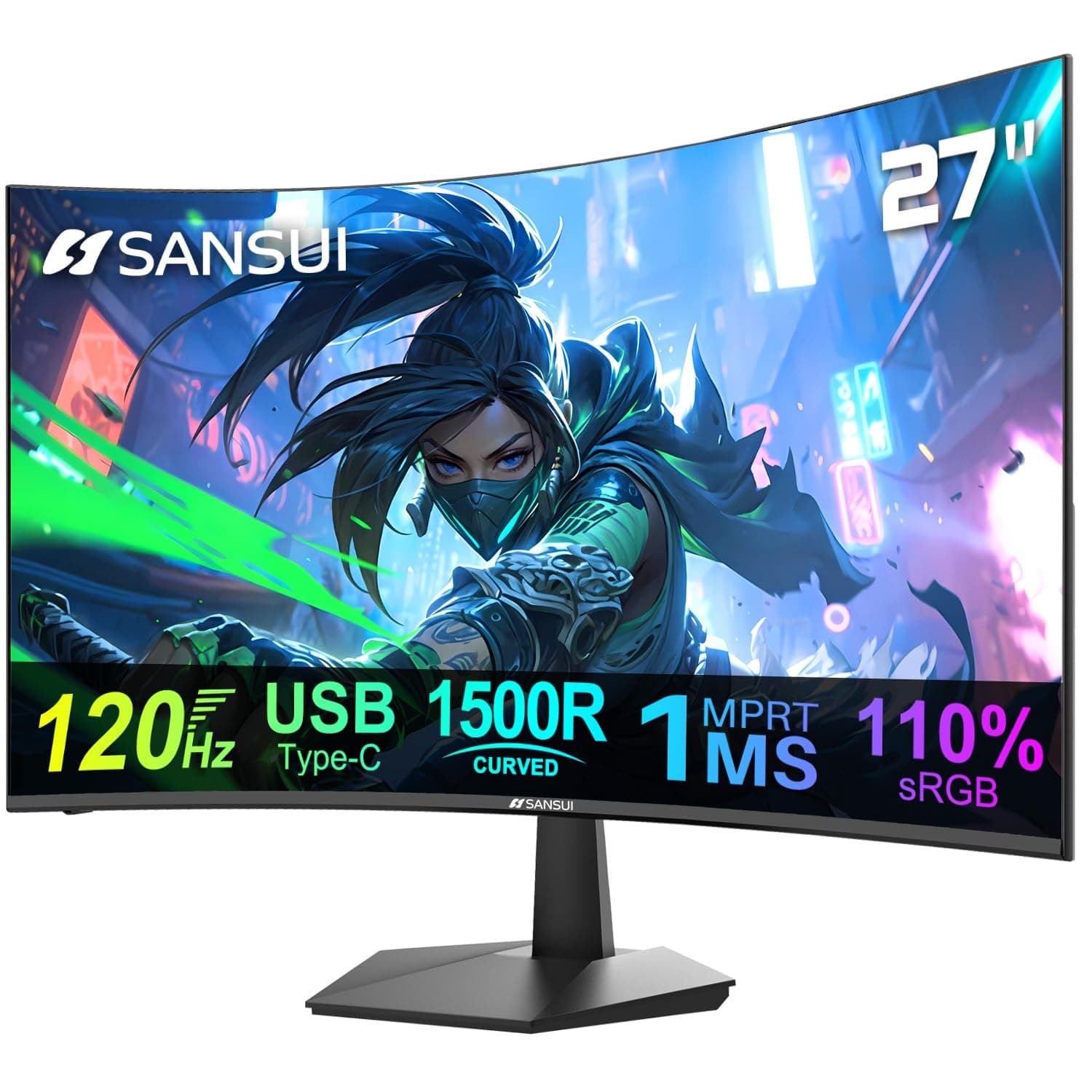 SANSUI Curved Monitor 27 inch 120Hz USB Type-C Computer Monitor with Speakers Built in丨FHD 1080p丨HDR丨110% sRGB丨1500R丨VESA Compatible,for Tablet,Desktop,Laptop and PC Work Gaming