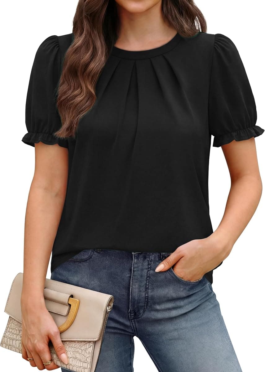 OFEEFAN Womens Tops Short Puff Sleeve Shirts Pleated Curved Hem Blouses Dressy Casual Business Blouses Summer Outfits
