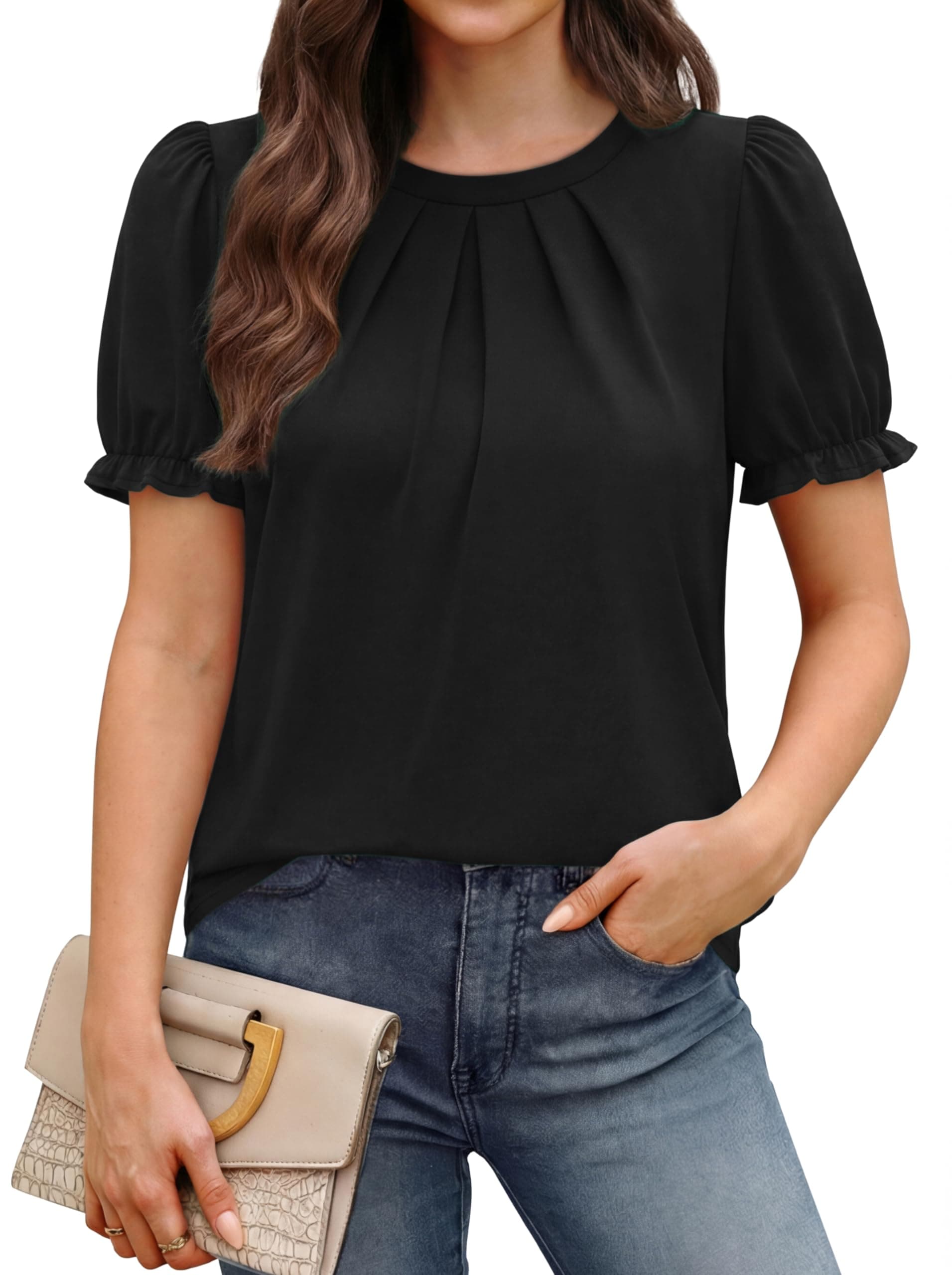 OFEEFAN Womens Tops Short Puff Sleeve Shirts Pleated Curved Hem Blouses Dressy Casual Business Blouses Summer Outfits