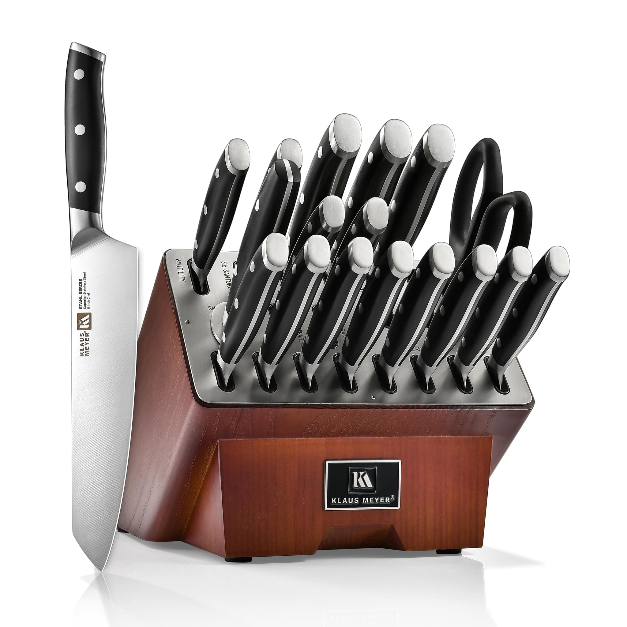 Klaus Meyer 19-Piece Knife Block Set with Sharpener, High Carbon German Stainless Steel (Stahl), Full-Tang Handles, Kitchen Knife Set (Black)