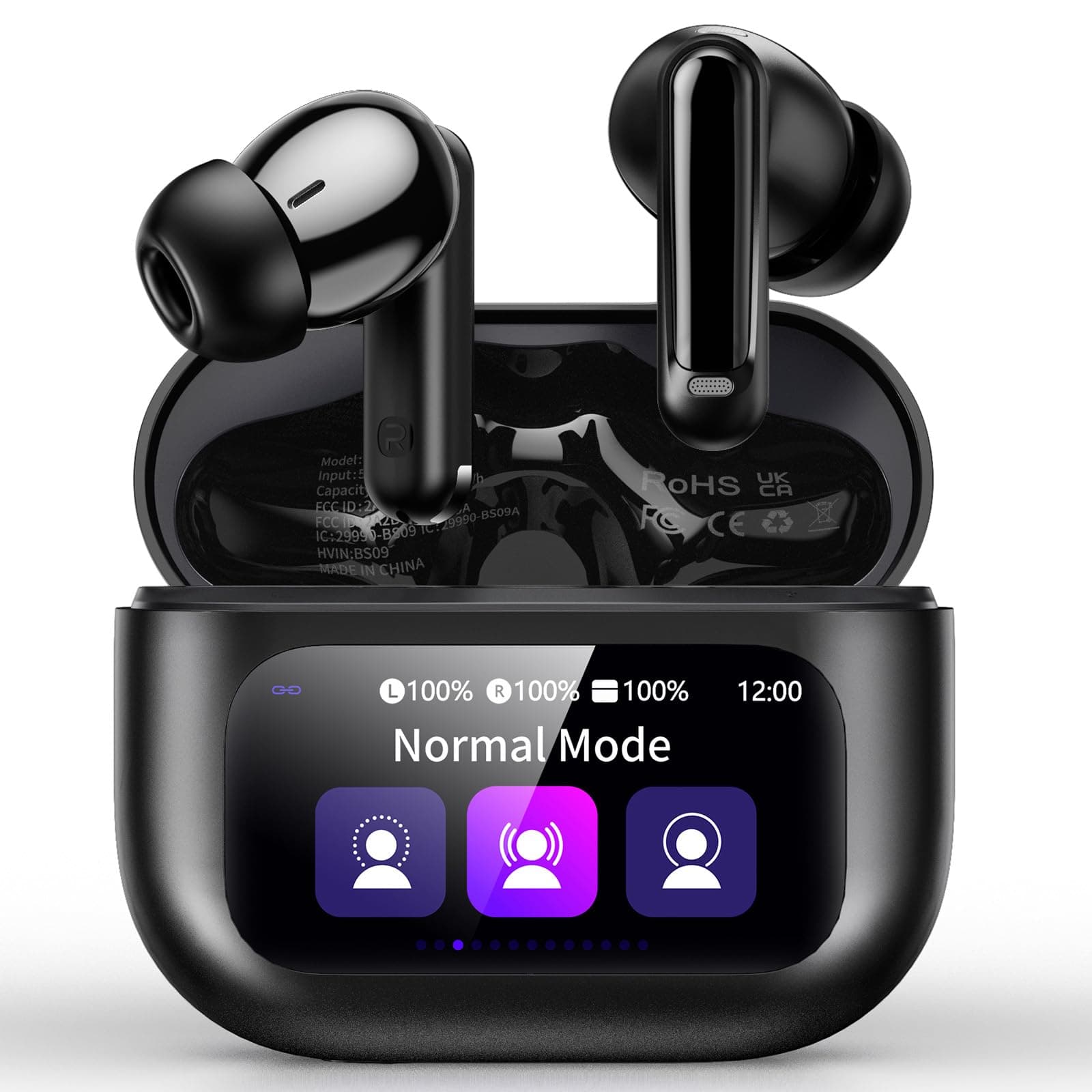 Thunelec Wireless Earbuds with Touch Screen, 2026 New Bluetooth 5.4 Headphones with ANC/ENC Mic, 50H HiFi Stereo Ear Buds with 5 EQ Modes, Transparency Mode, IPX7 Earphones for Running/Fitness, Black