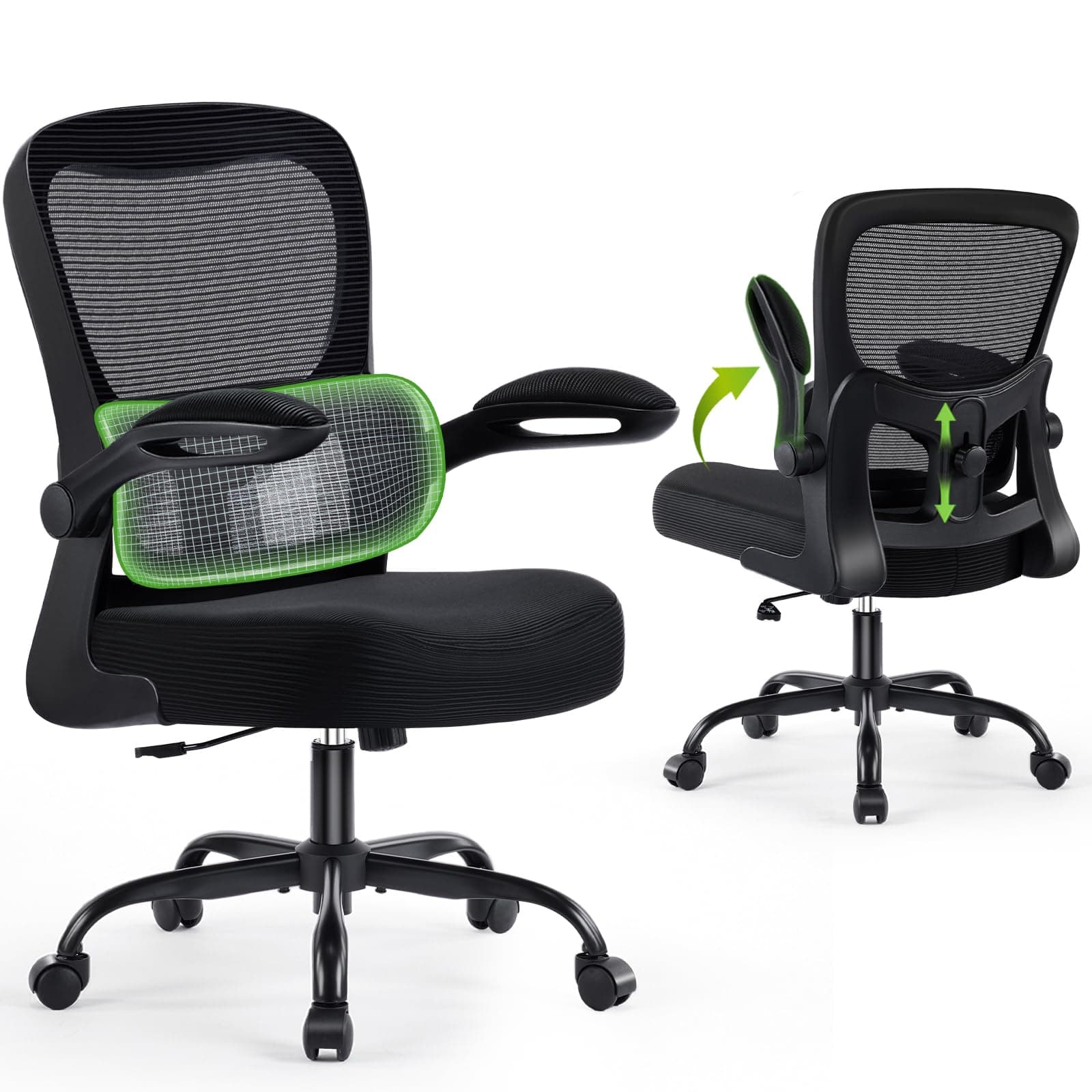 AreShark Office Chair Ergonomic Desk Chairs with Adjustable Lumbar Support, High Back Breathable Mesh Chair with Wheels& Flip-up Armrests,Rolling Swivel Comfy Task Computer Chair for Home Work Gaming