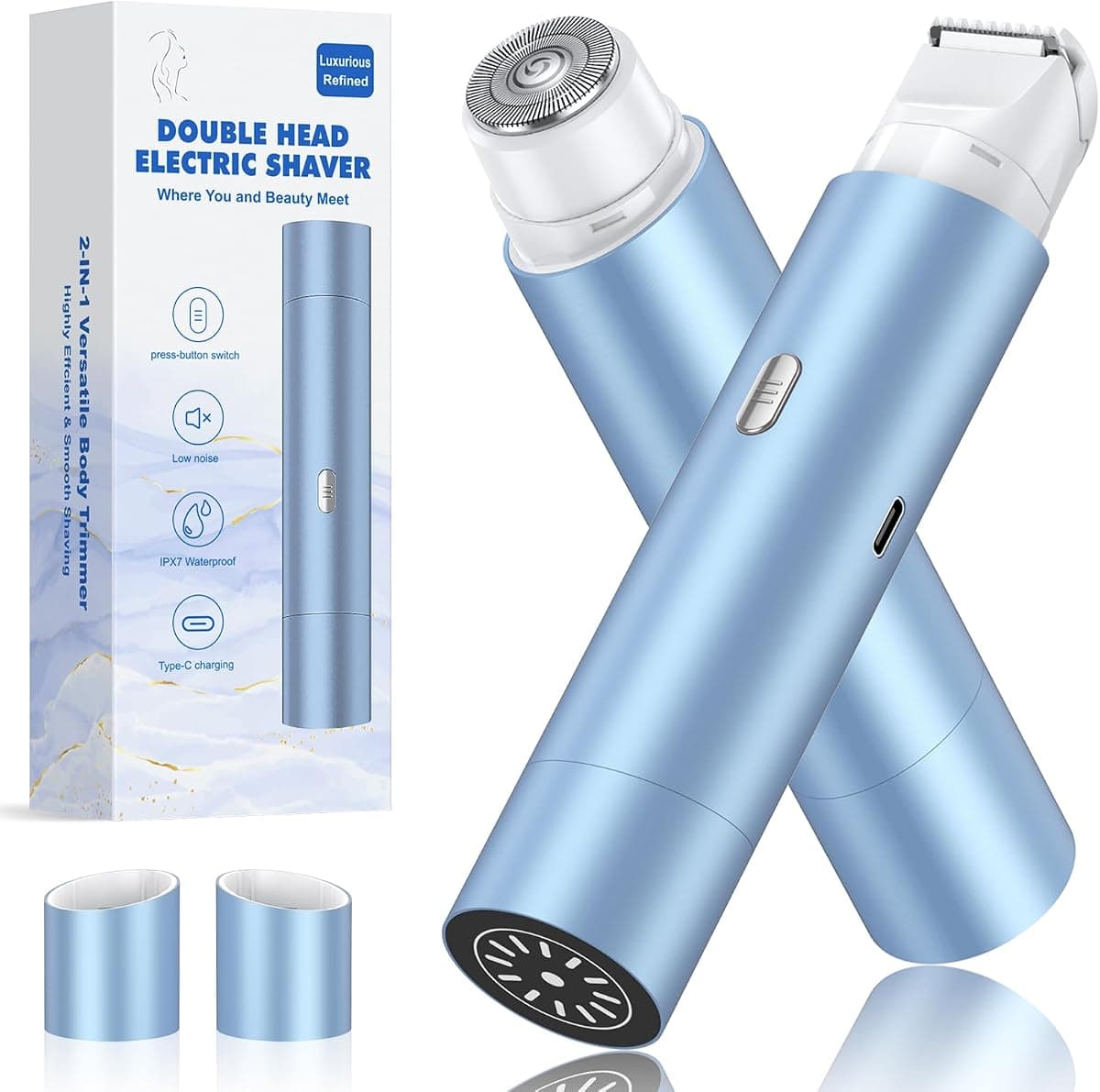 Bikini Trimmer for Women, Dual Head Face Shaver Body Hair Trimmmer, IPX7 Waterproof Womens Electric Razor for Legs, Sky Blue