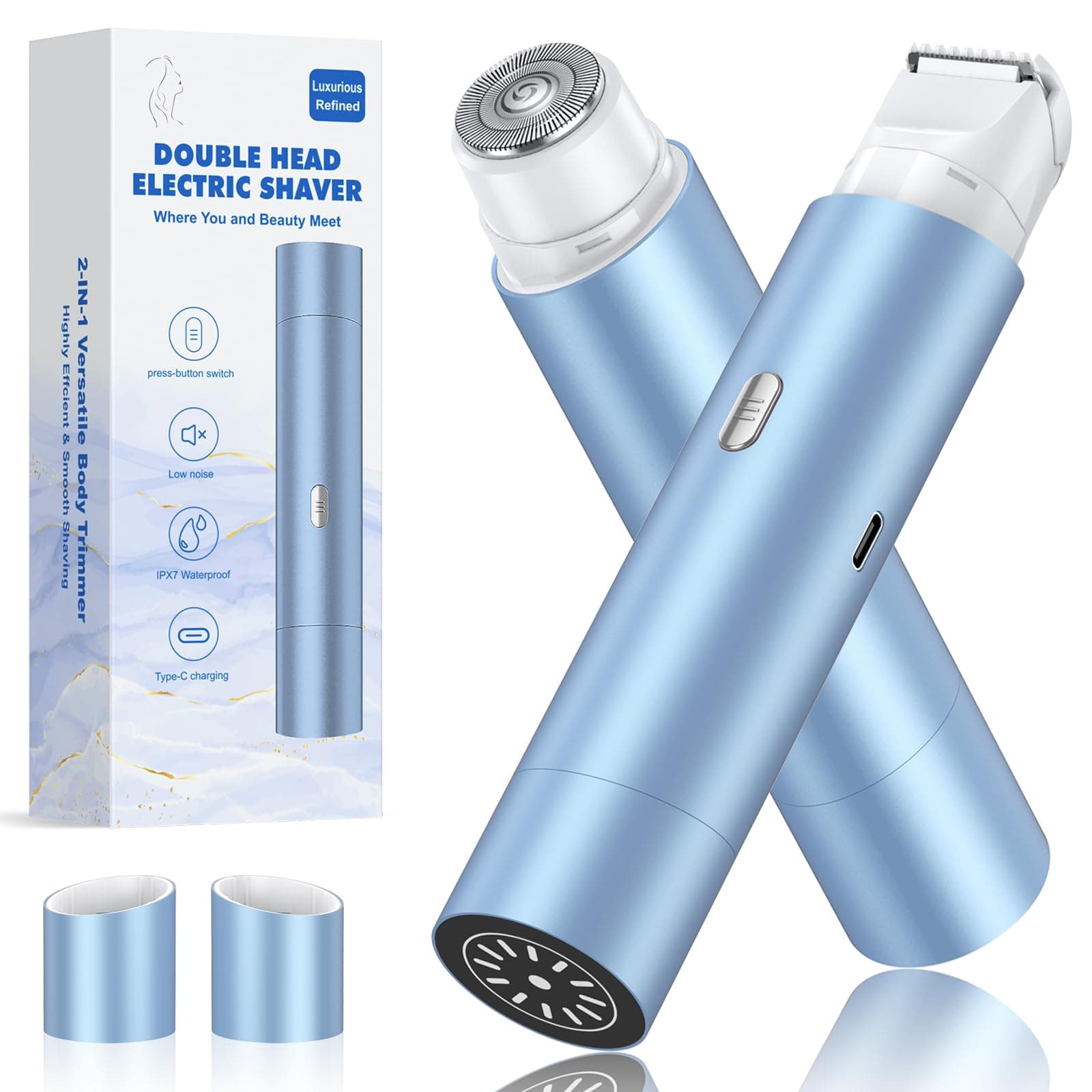 Bikini Trimmer for Women, Dual Head Face Shaver Body Hair Trimmmer, IPX7 Waterproof Womens Electric Razor for Legs, Sky Blue