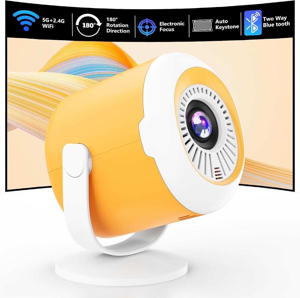 Portable Mini Projector with WiFi and Bluetooth Rotatable Movie Projector with Electronic Focus LED Pico Projectors for Home Theater Compatible with Smartphone, TV Stick, Laptop, HDMI, USB