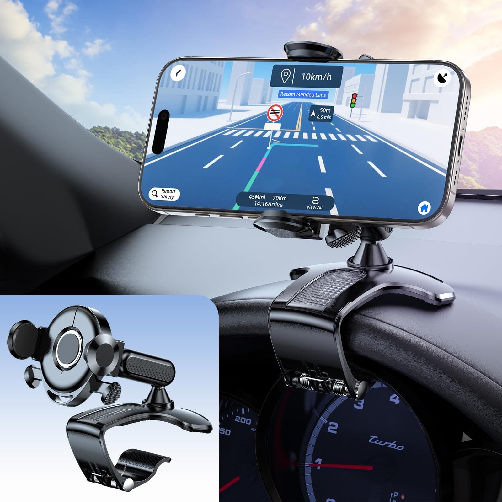 2025 Upgraded Universal 360°Dashboard Phone Mount - Multi-Functional Visor/Rearview Rotating Car Holder for 4-7" Phones, One-Handed Operation Adjustable Clamp Holder (Black)