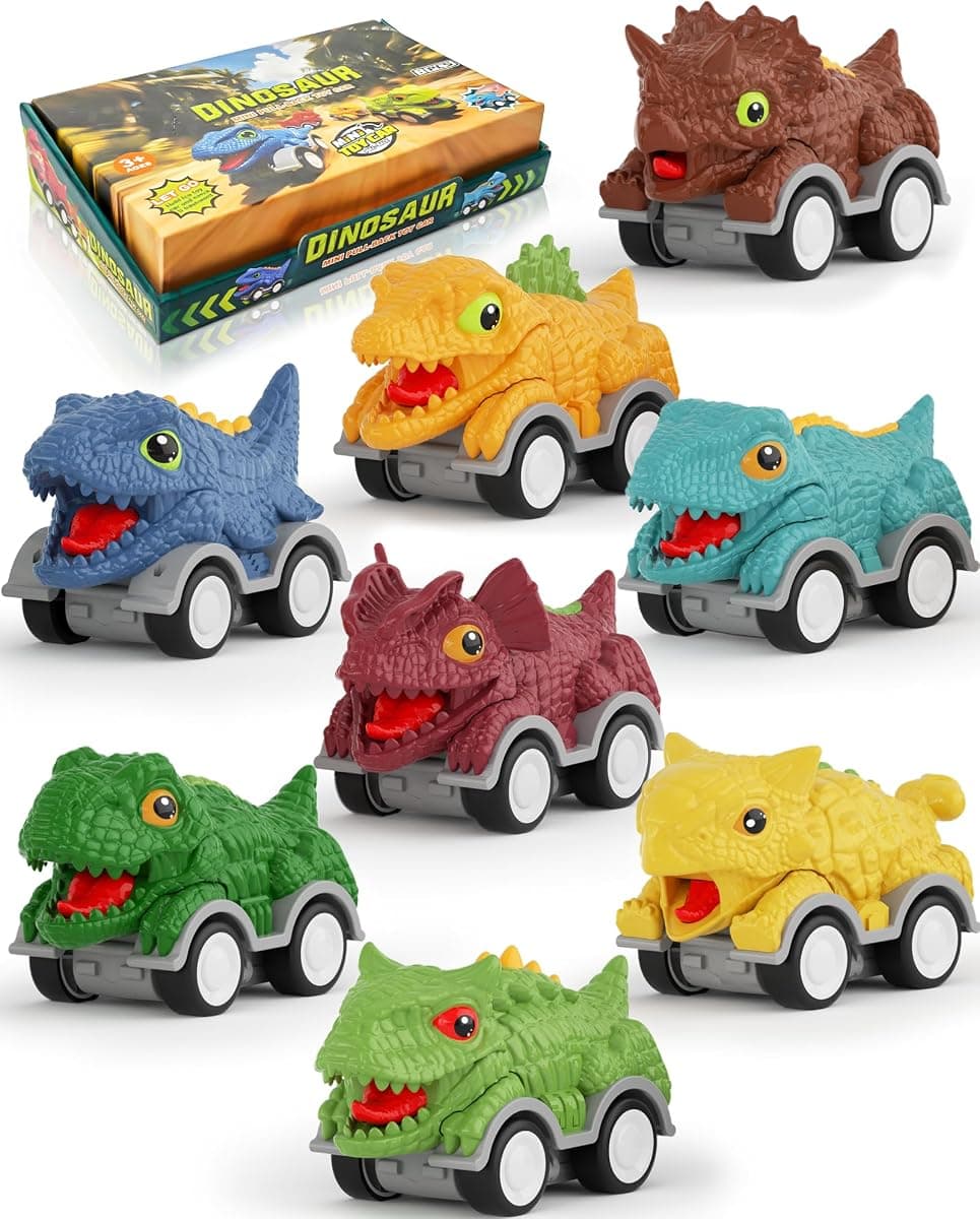 8PCS Dinosaur Pull Back Cars Set for Kids Toddlers, Mini Racing Vehicles Toys Party Favors, Goodie Bag Stuffers, Classroom Prizes, Christmas Birthday Gifts for Grandkids