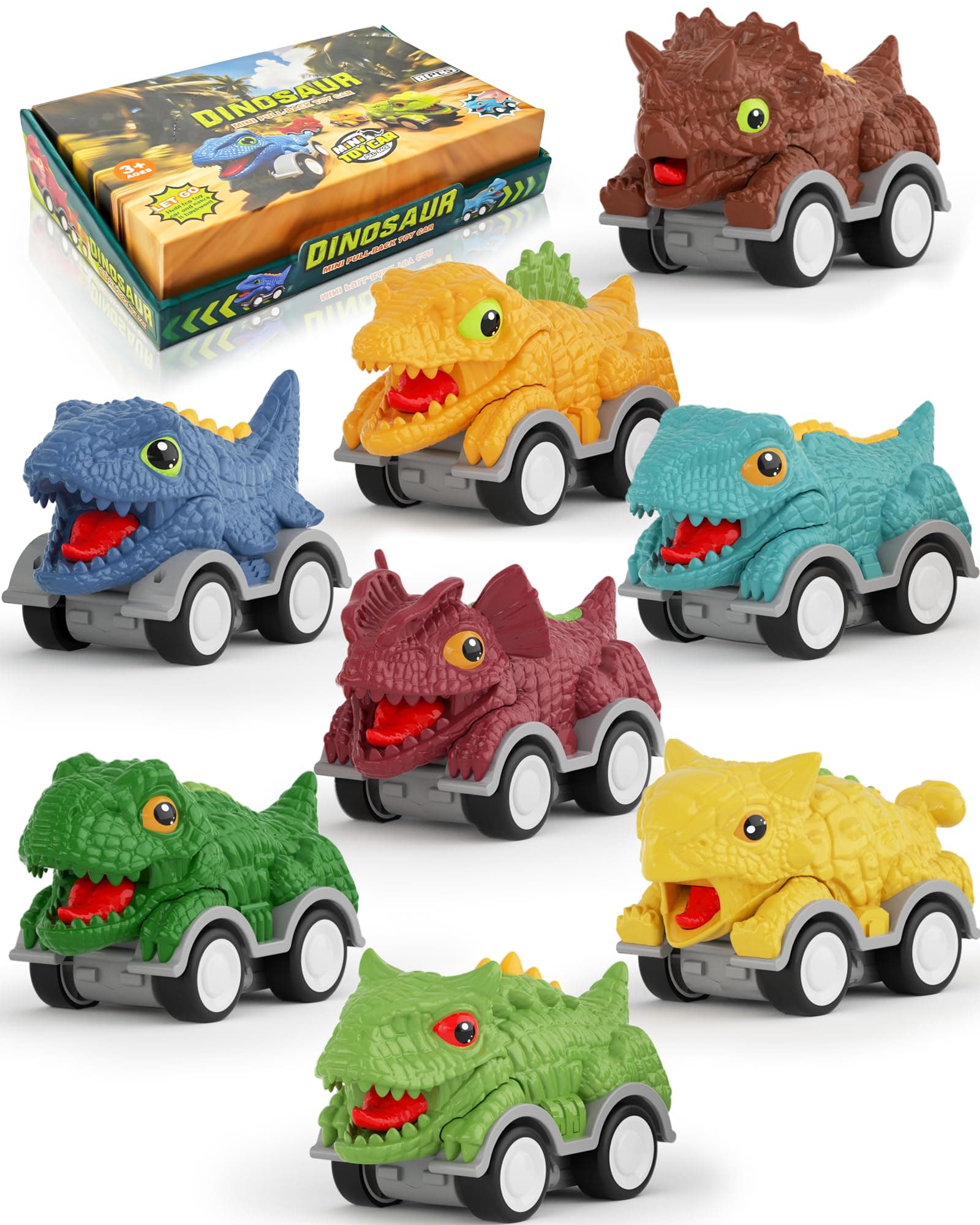 8PCS Dinosaur Pull Back Cars Set for Kids Toddlers, Mini Racing Vehicles Toys Party Favors, Goodie Bag Stuffers, Classroom Prizes, Christmas Birthday Gifts for Grandkids