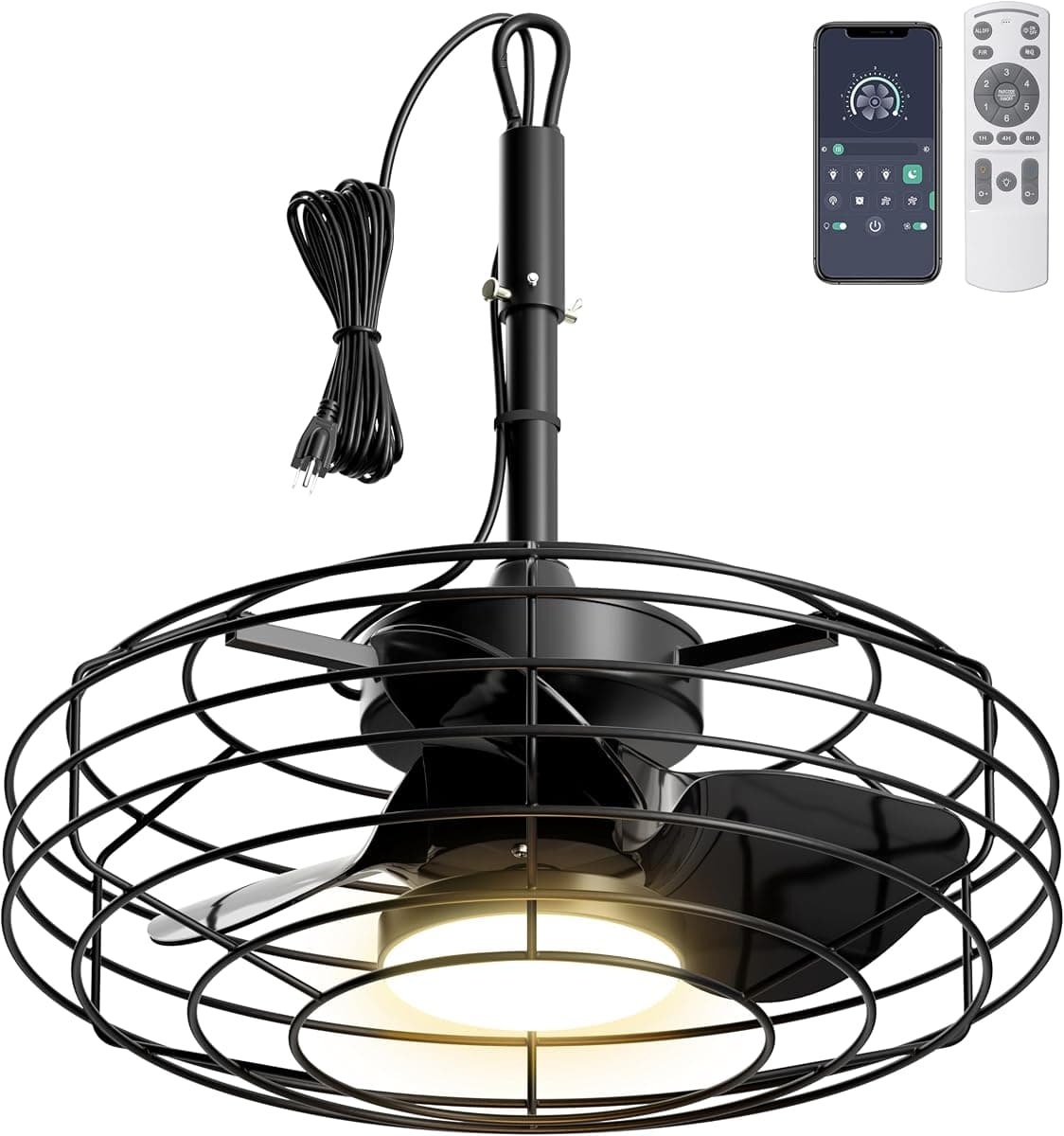 Coolbull 20'' Outdoor Ceiling Fans with Light, IP63 Waterproof Gazebo Fan with Hanging Hook, Plug in Caged Ceiling Fan, Remote&APP Control, 3 CCT, 6 Speeds for Patio, Pergola, Canopy, Black