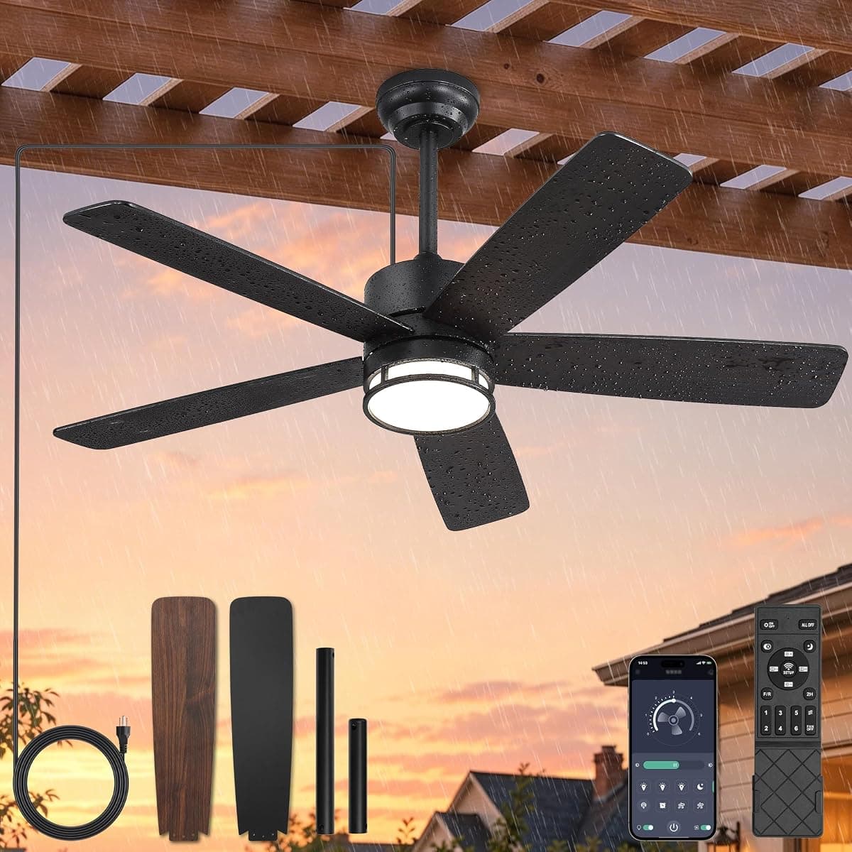 Fanbulous 46" Outdoor Ceiling Fan with Light for Patios, IP65 Waterproof, Plug in Gazebo Fan with Remote APP Control, 3CCT Dimmable, 6-Speeds, Hook Hanging Fan for Gazebo Porch Pergola Canopy(Black)