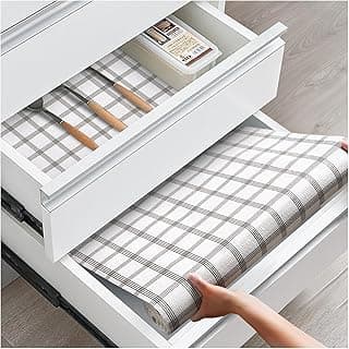 Drawer and Shelf Liner, Non-Slip Kitchen Cabinet Liners Non-Adhesive Thick Strong Grip Waterproof Washable Mats Protect Dresser Shelves Cupboard Bathroom Cabinets, White Stripes, 12 in X 10 FT