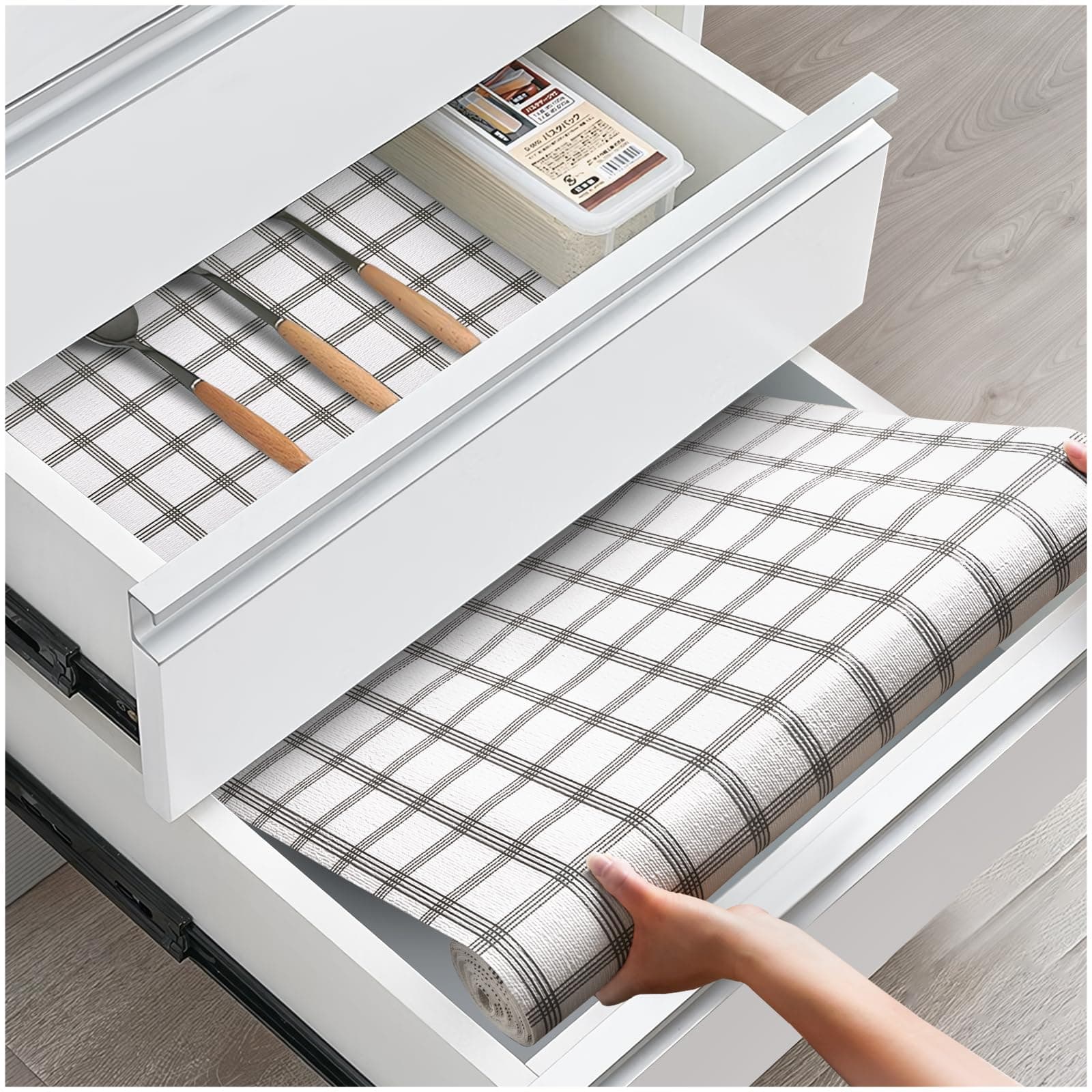 Drawer and Shelf Liner, Non-Slip Kitchen Cabinet Liners Non-Adhesive Thick Strong Grip Waterproof Washable Mats Protect Dresser Shelves Cupboard Bathroom Cabinets, White Stripes, 12 in X 10 FT