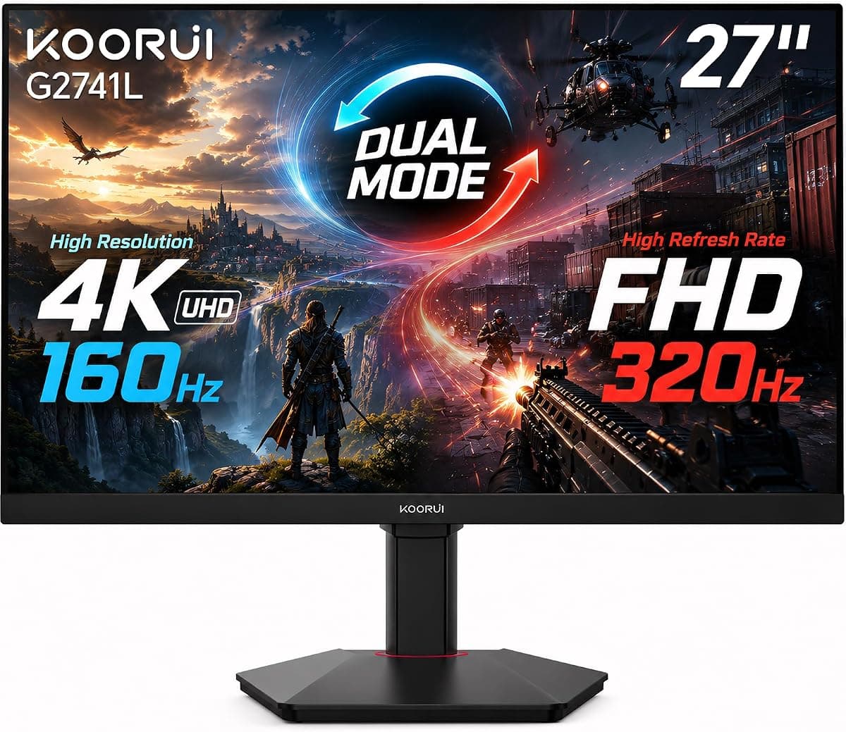 KOORUI 27" 4K Gaming Monitor - Dual Mode UHD 160Hz or FHD 320Hz, Fast IPS 1ms, FreeSync Premium & G-SYNC Compatible, HDMI 2.1/DP 1.4, HDR400, Height/Pivot/Tilt Adjustable, PC & Console Ready, G2741L