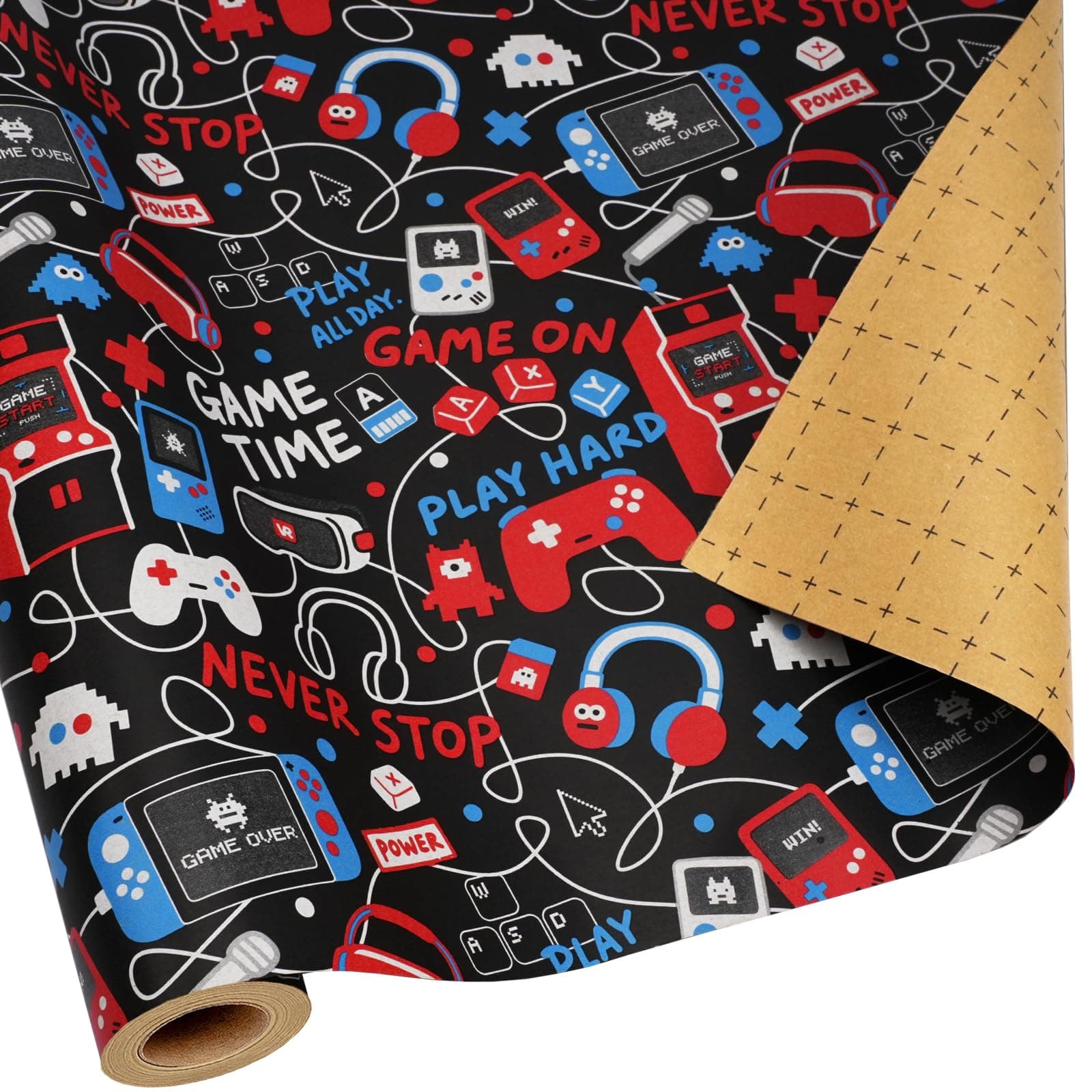 LaRibbons Gaming Wrapping Paper Roll, Video Game Gift Wrap for Boys, Teens & Gamers, Black Gamer Birthday Wrapping Paper with Colorful Controller Arcade Design, Kraft Paper, 17 Inch x 33 Feet