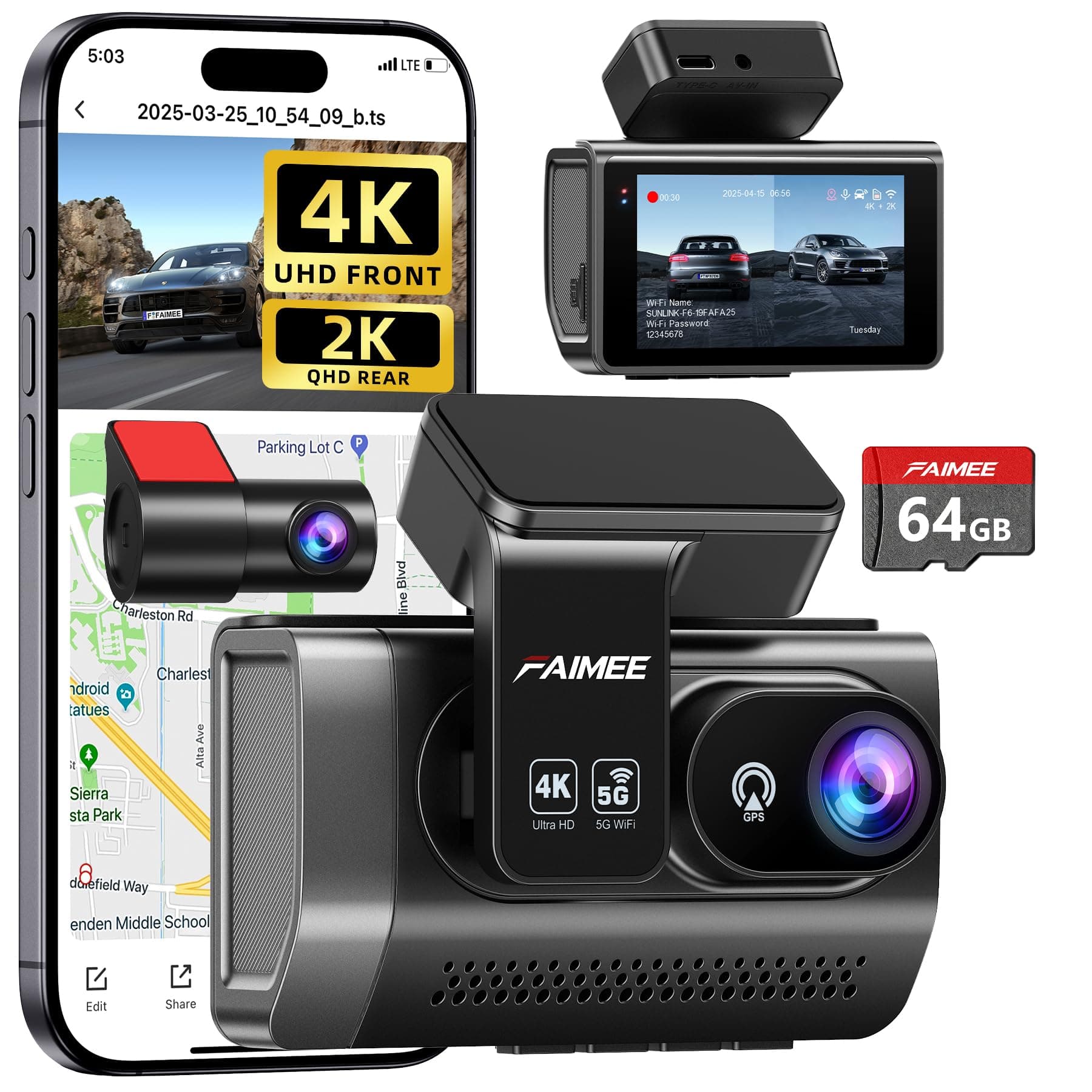 Dash Cam Front and Rear, 4K+2K Recording Dash Camera for Cars, Night Vision with WDR, 170° Wide Angle, 5.8G/2.4G Dual Wi-Fi, 64GB Card, Built-in GPS, G-Sensor Emergency Lock, 24H Parking Monitor