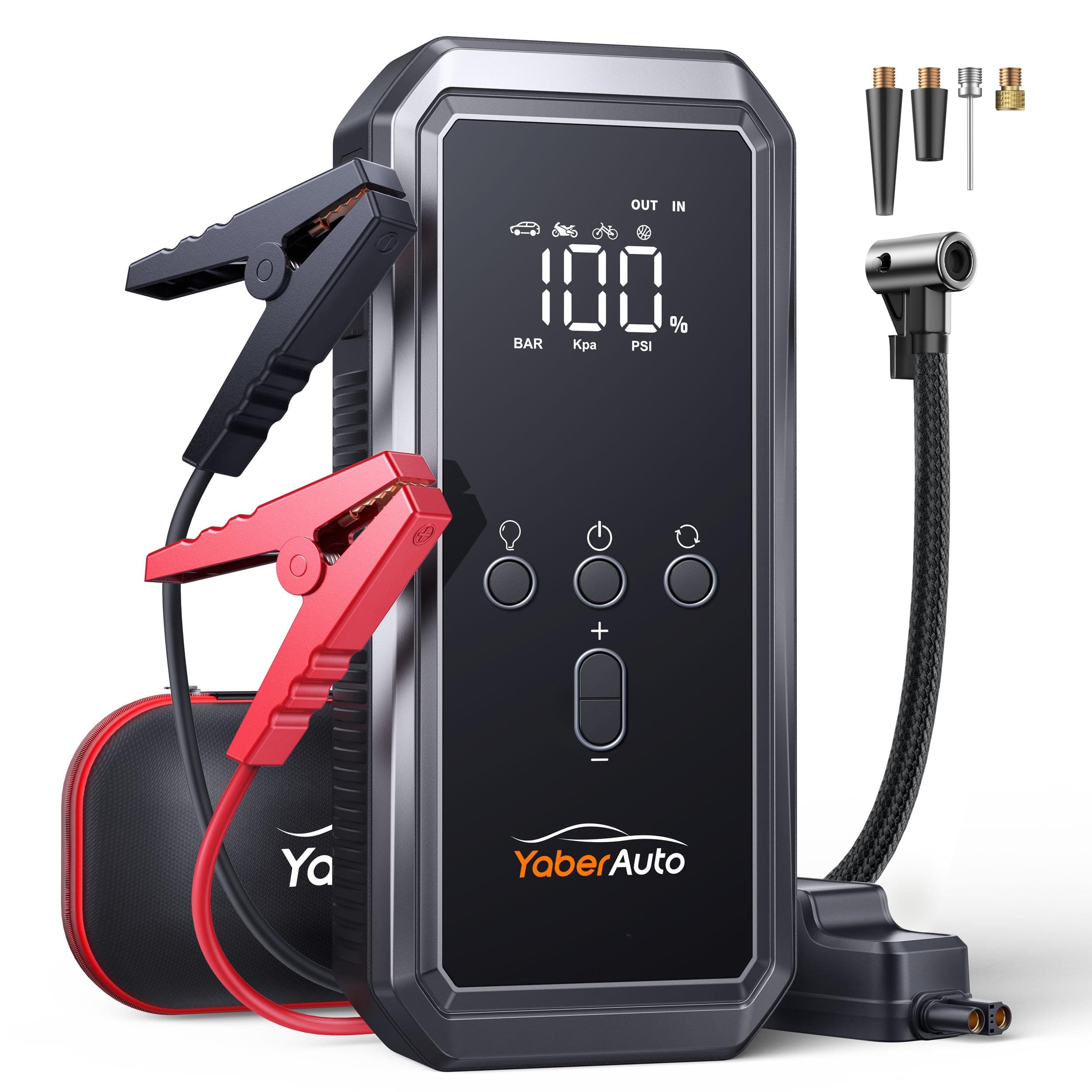 YaberAuto 9-in-1 Jump Starter with Air Compressor 6000A 150PSI Portable Car Battery Jump Starter (All Gas/10L Diesel), 12V Jump Box Car Battery Jumper Starter Portable with Jumper Cables, 160W DC Out
