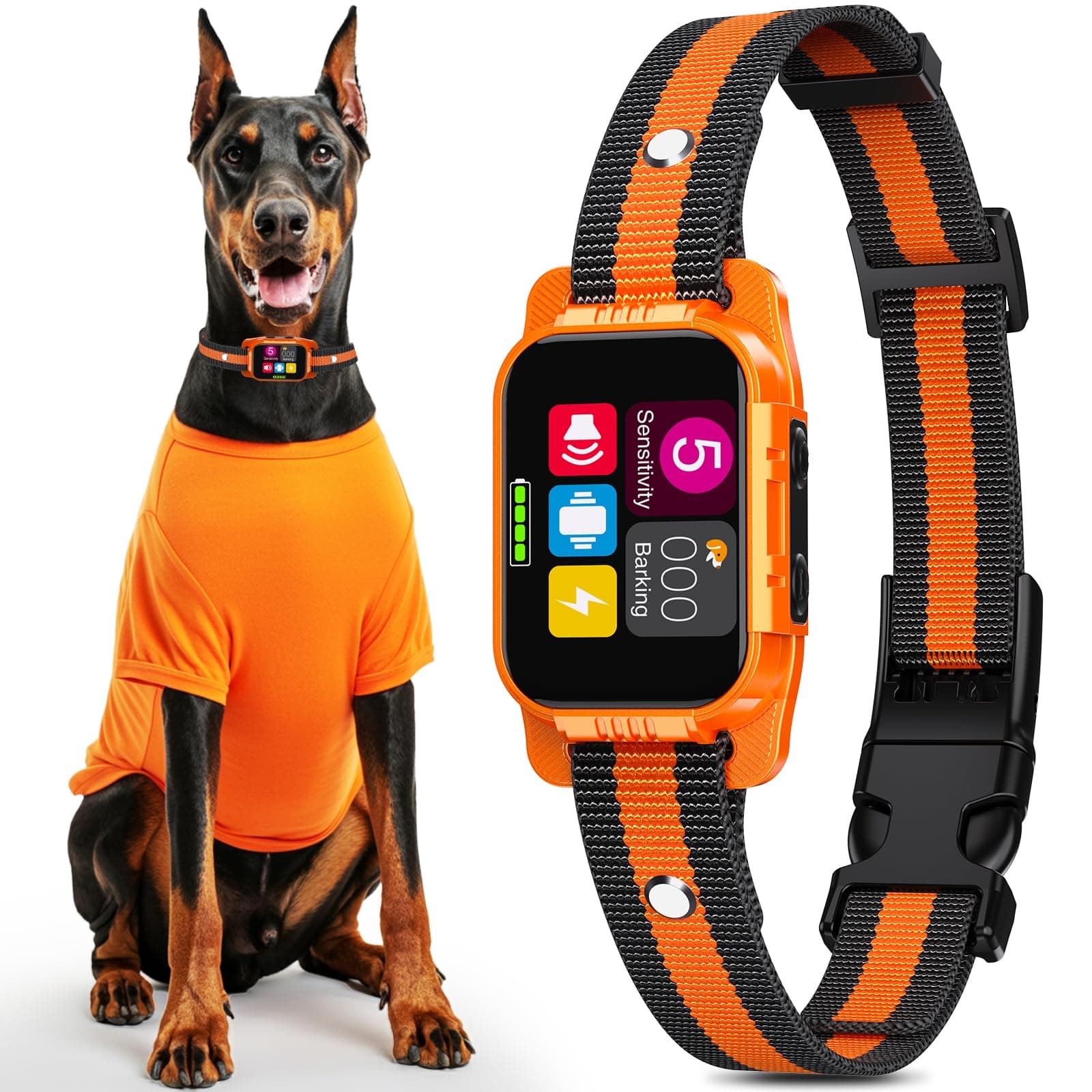 Smart Dog Bark Collar - Anti Barking Device for Large Medium Small Dogs, Stop Excessive Barking & Aggression Behavior, with 5 Modes & 5 Sensitivity, IP67 Waterproof for Indoor/Outdoor Use, Orange