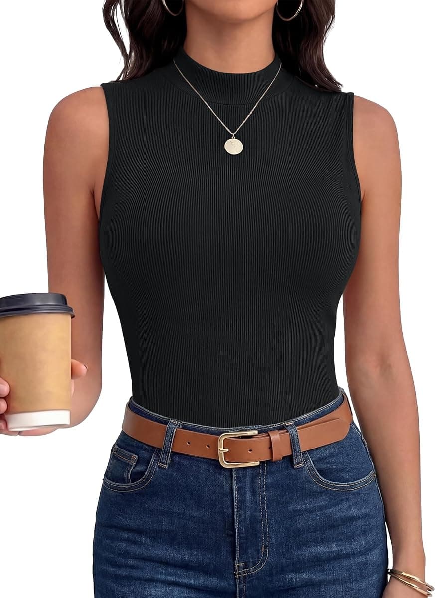 ANRABESS Mock Neck Tops for Women, Basic Soft Ribbed Slim Tank Tops, Comfy for Yoga, Lounge & Office, Versatile Summer Shirt