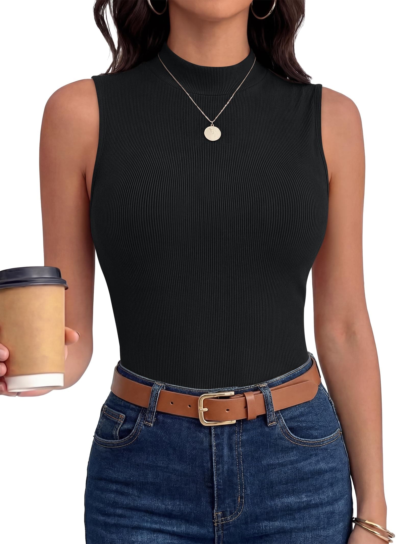 ANRABESS Mock Neck Tops for Women, Basic Soft Ribbed Slim Tank Tops, Comfy for Yoga, Lounge & Office, Versatile Summer Shirt
