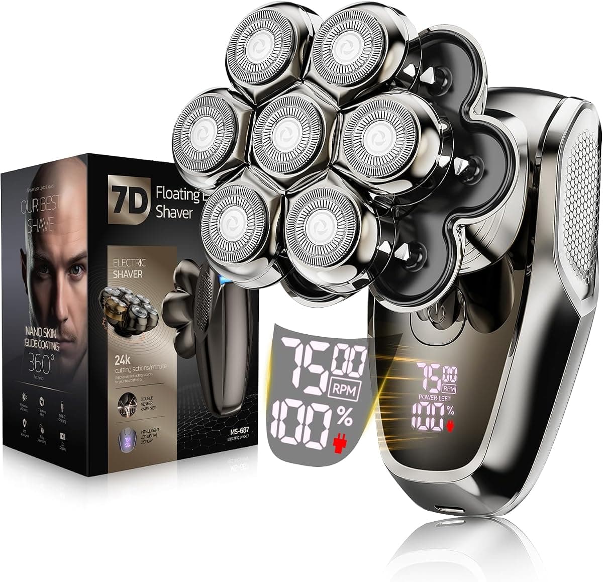 Head Shavers for Bald Men: 𝟕𝐃 𝐃𝐞𝐭𝐚𝐜𝐡𝐚𝐛𝐥𝐞 Electric Shaver -Father's Day - IPX7 Waterproof Electric Razor - Wet & Dry Bald Razor with Type-C Charge - LED Display - Gifts