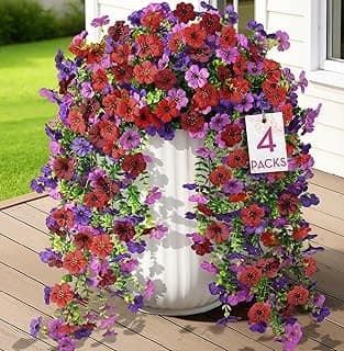 Alupssuc 4PCS Artificial Fake Hanging Flowers for Outdoor Spring Decoration, UV Resistant No Fade Faux Silk Daisy Floral Plastic Plants for Outside Indoor Yard Home Porch Realistic Decor, Mix 4 Colors