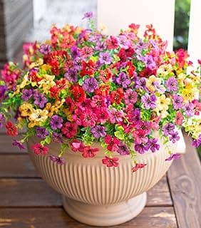 HyeFlora Artificial Flowers for Outdoor Indoor Garden Home Decoration, Faux Flower Daisy with Eucalyptus Leaves Fake Plants Greenery Boxwood Porch Patio, 12 Bundles (Mix Pink Red Purple Yellow)