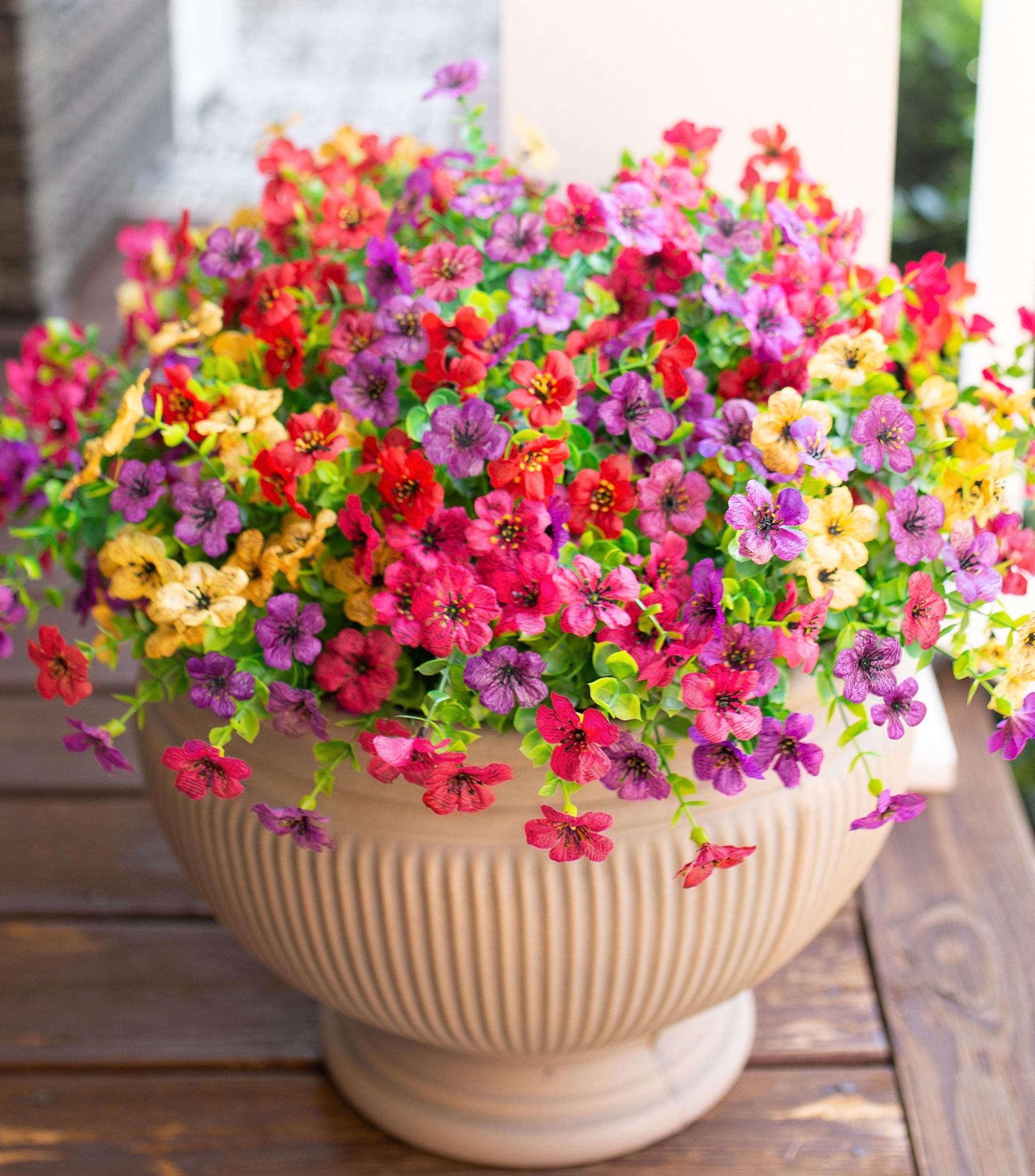 HyeFlora Artificial Flowers for Outdoor Indoor Garden Home Decoration, Faux Flower Daisy with Eucalyptus Leaves Fake Plants Greenery Boxwood Porch Patio, 12 Bundles (Mix Pink Red Purple Yellow)