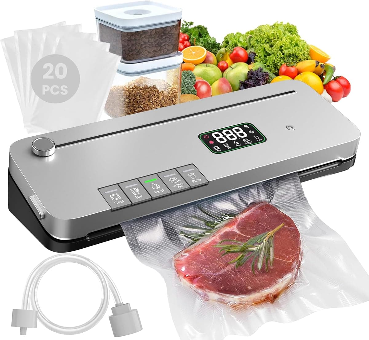 Compact 75kPa Food Vacuum Sealer Machine with Built-in Cutter, Pulse Function, Digital Timer, Dry Moist Modes, External Vacuum for Jars, 20 Included Bags for Meal Prep, Sous Vide & Bulk Storage