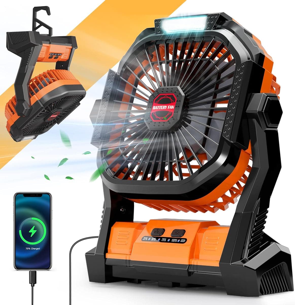 Camping Fan Rechargeable, 20000mAh Battery Powered Portable Fan with LED Lantern,4-Speed, USB C Battery Operated for Camping Travel Bedroom Home Tent Office Beach Desk Fishing Table - Orange