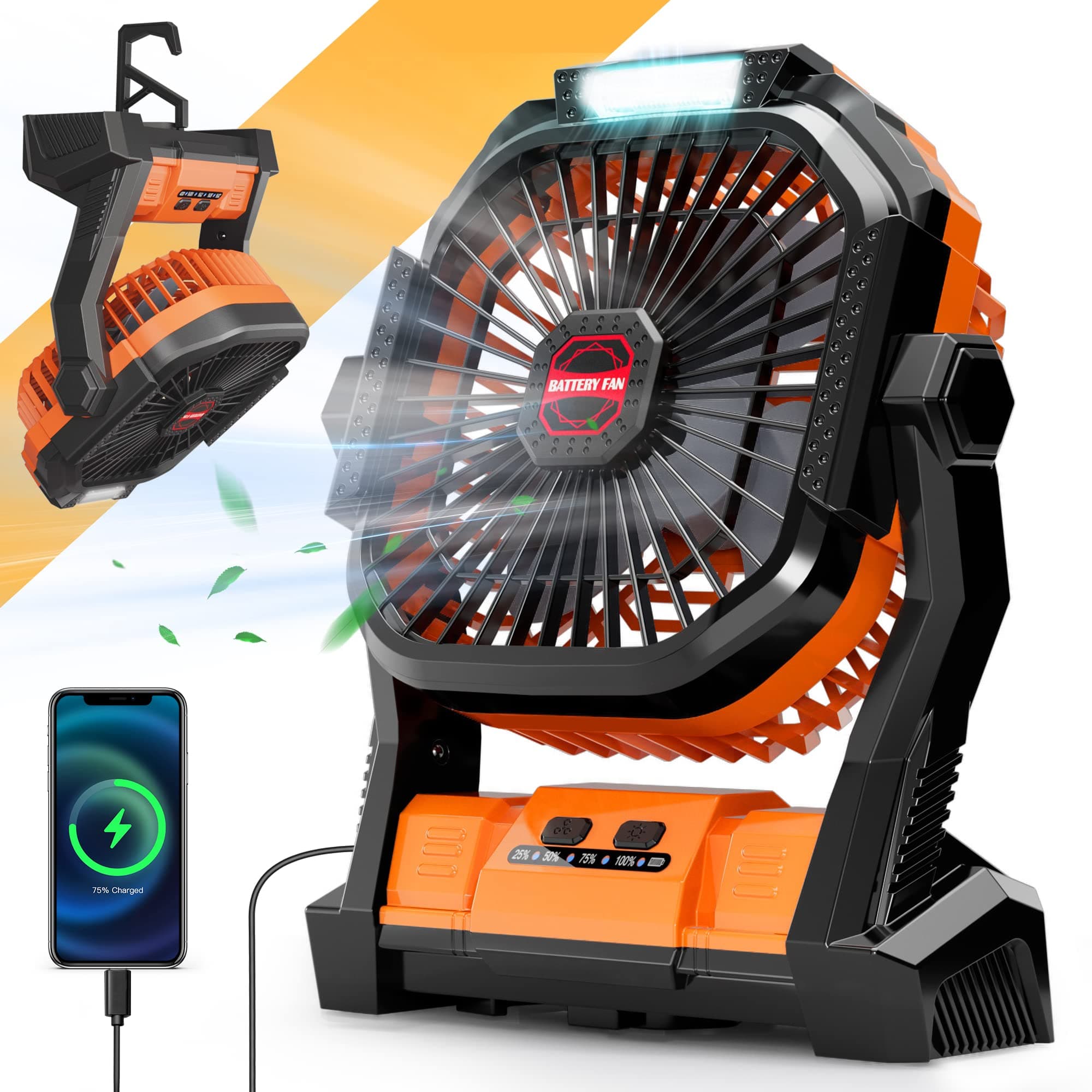 Camping Fan Rechargeable, 20000mAh Battery Powered Portable Fan with LED Lantern,4-Speed, USB C Battery Operated for Camping Travel Bedroom Home Tent Office Beach Desk Fishing Table - Orange