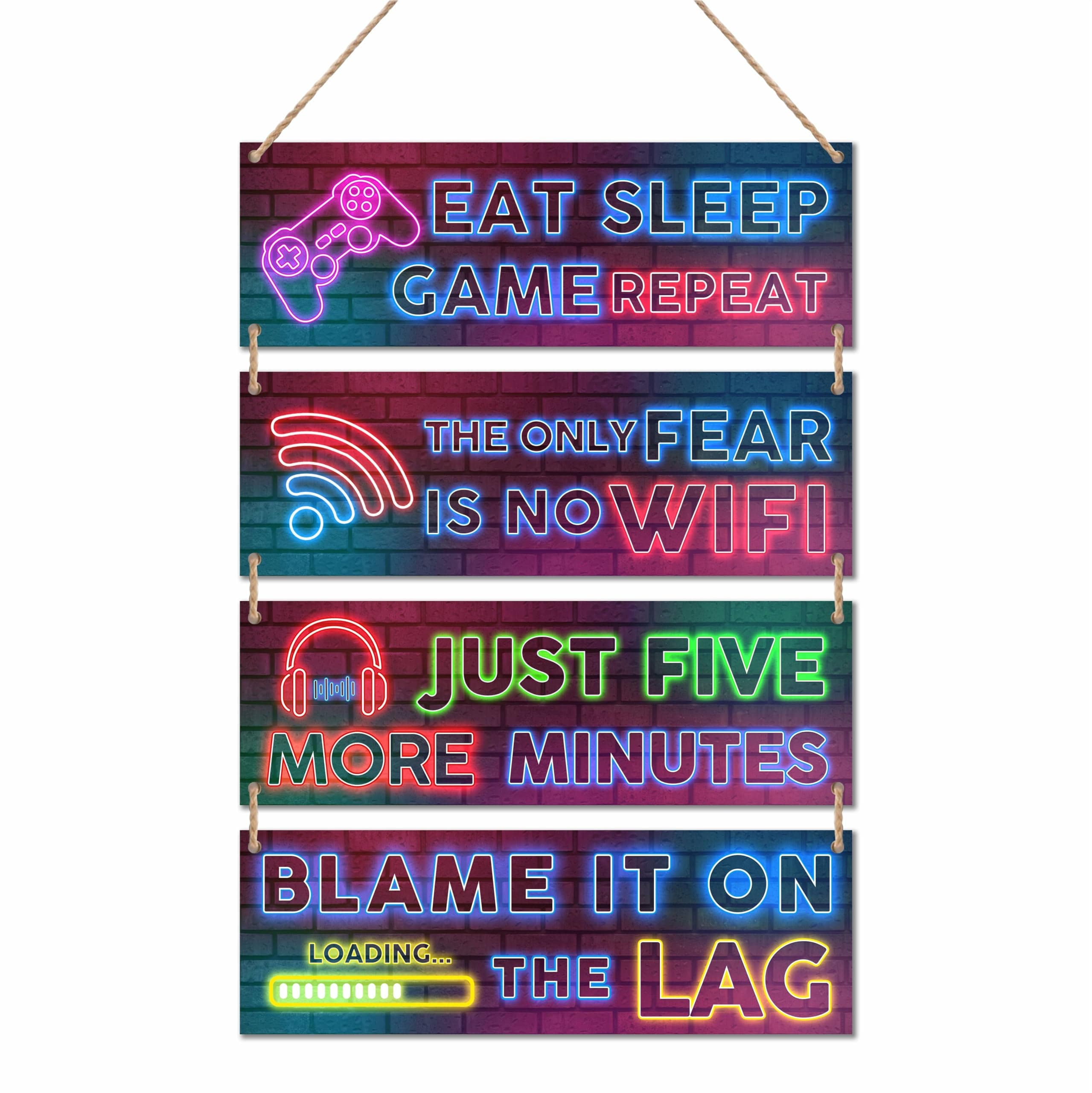 Neon Gaming Wood Sign Wall Decor, Video Game Wall Art Gamer Hanging Plaques For Playroom, Boys, Teenagers, Kids Bedroom Decorations(4Pcs) - C02