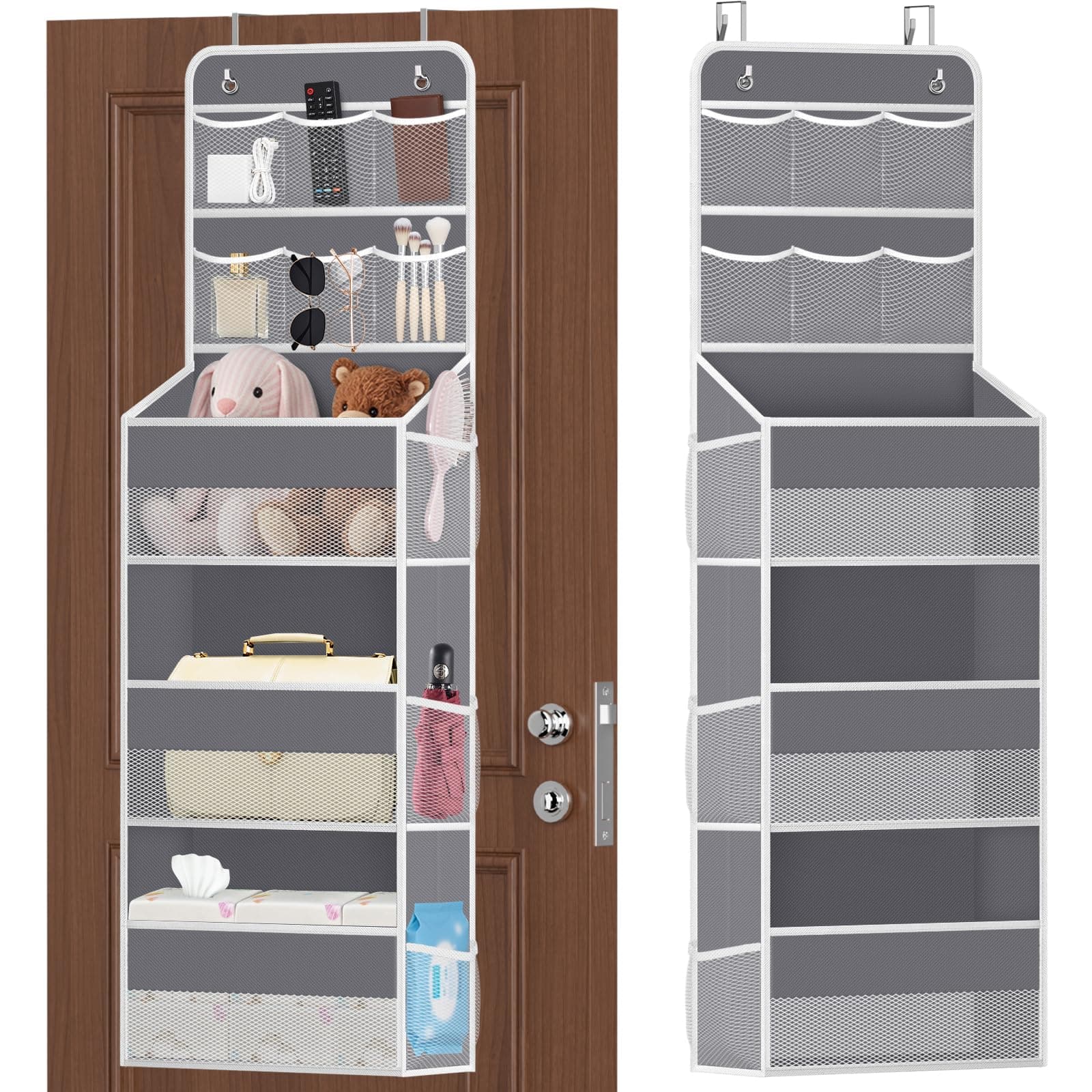 SpaceHacks 5-Tier Over the Door Organizer with Mesh Pockets, Baby Nursery Storage for Closet, Bathroom and Bedroom, Adjustable Hanging Closet Organizer for Cosmetics, Books and Essentials (Dark Grey)