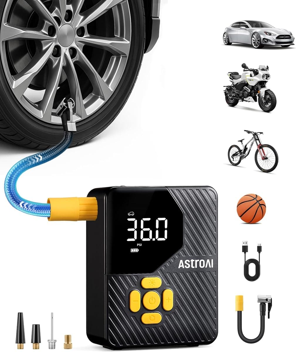AstroAI 150 PSI Tire Inflator Portable Air Compressor, Fast Inflation Cordless Air Pump with LED Light &Pressure Gauge, Auto Shut-Off, L7 Mini Tire Inflator for Cars, Motorcycle, Bicycle, Ball, Yellow