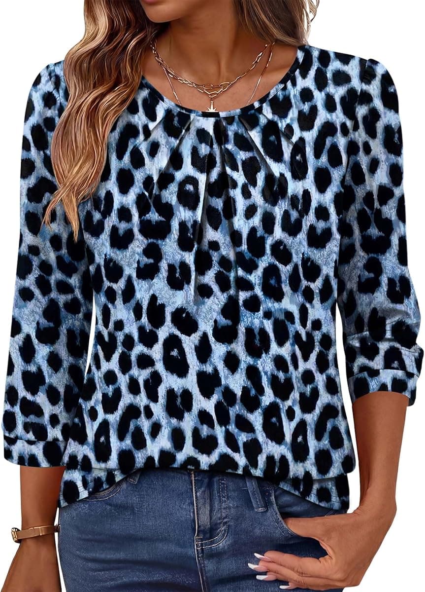 OFEEFAN 3/4 Length Sleeve Womens Tops Business Casual Outfits Pleated Front Blouses Dressy Casual Summer Outfits 2026