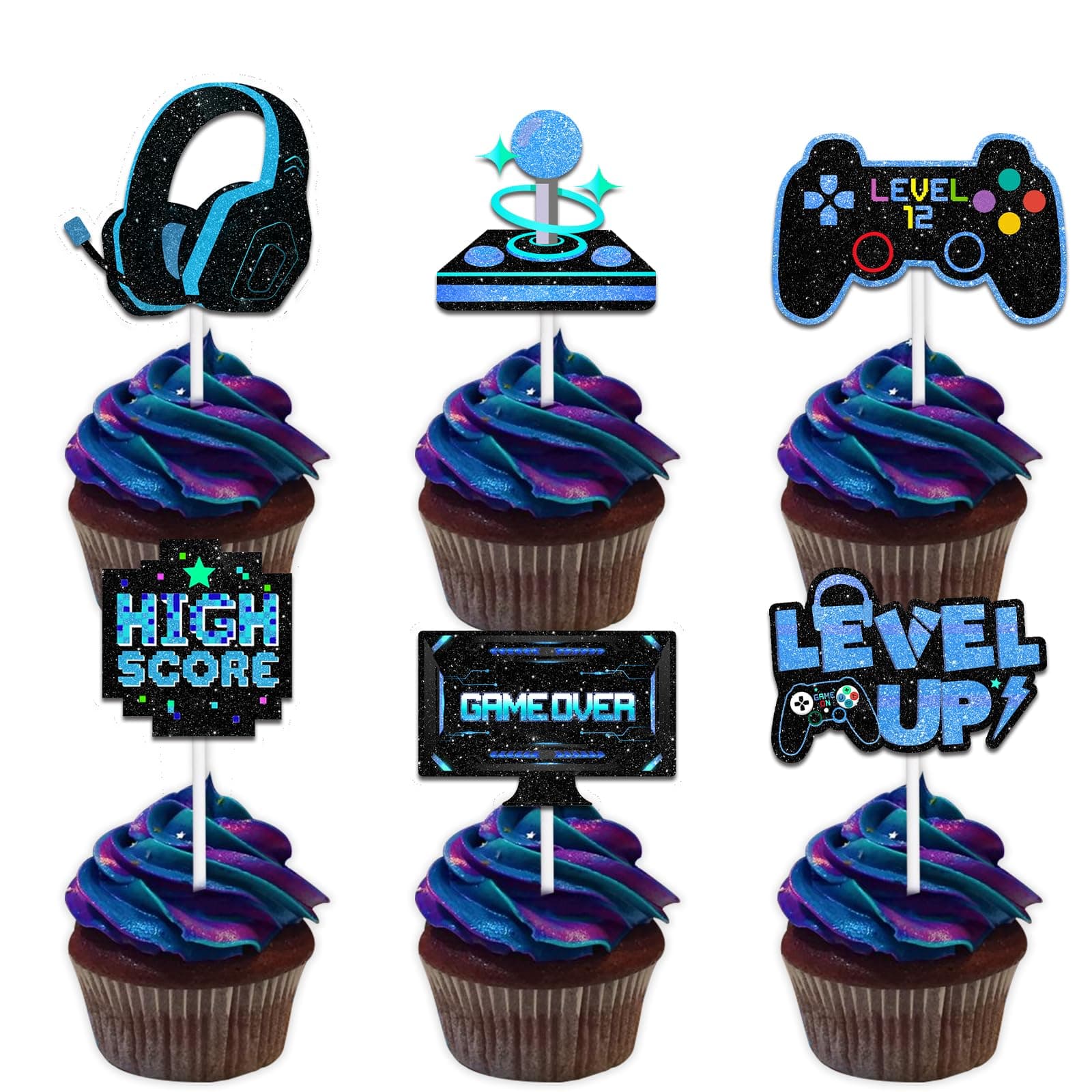 18pcs Blue Glitter Play Gaming Dessert Cupcake Topper Game Console Theme Decor Supplies Men Women Happy Birthday Party Decoration