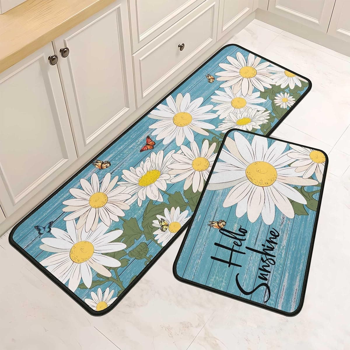 Sping Kitchen Rugs and Mats Set of 2, Sping Decor Non Slip Backing Sping Kitchen Rug Spring Decorations for Home Seasonal Low-Profile Kitchen Floor Mat (Daisy, 17"x47"+17"x30")