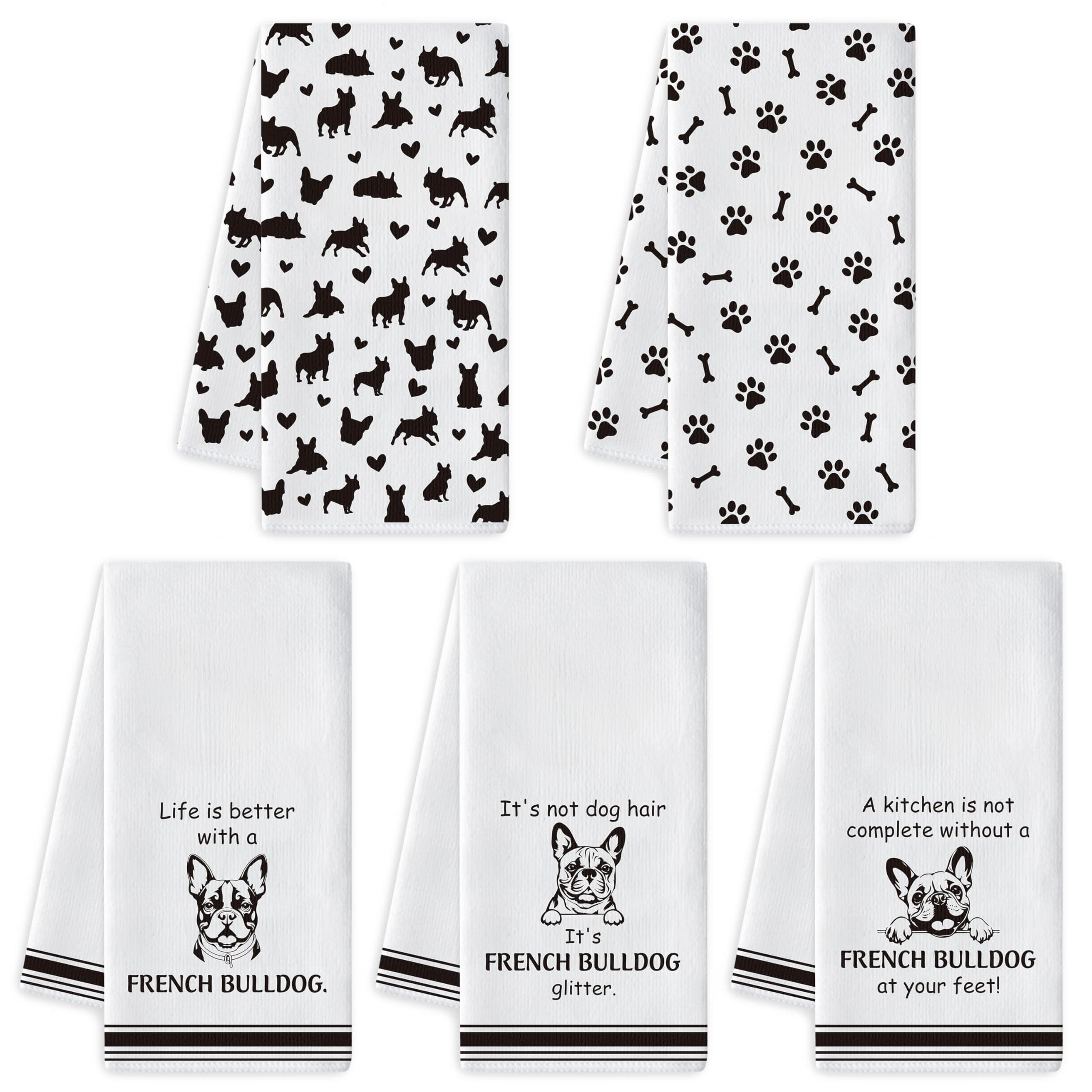 French Bulldog Kitchen Dish Towel - 5Pcs Cute French Bulldog Cleaning Dishcloth Puppy Dog Absorbent Bar Quick Dry Hand Towel Tea Towels for Housewarming Birthday Xmas Gift Bathroom Kitchen Home Decors