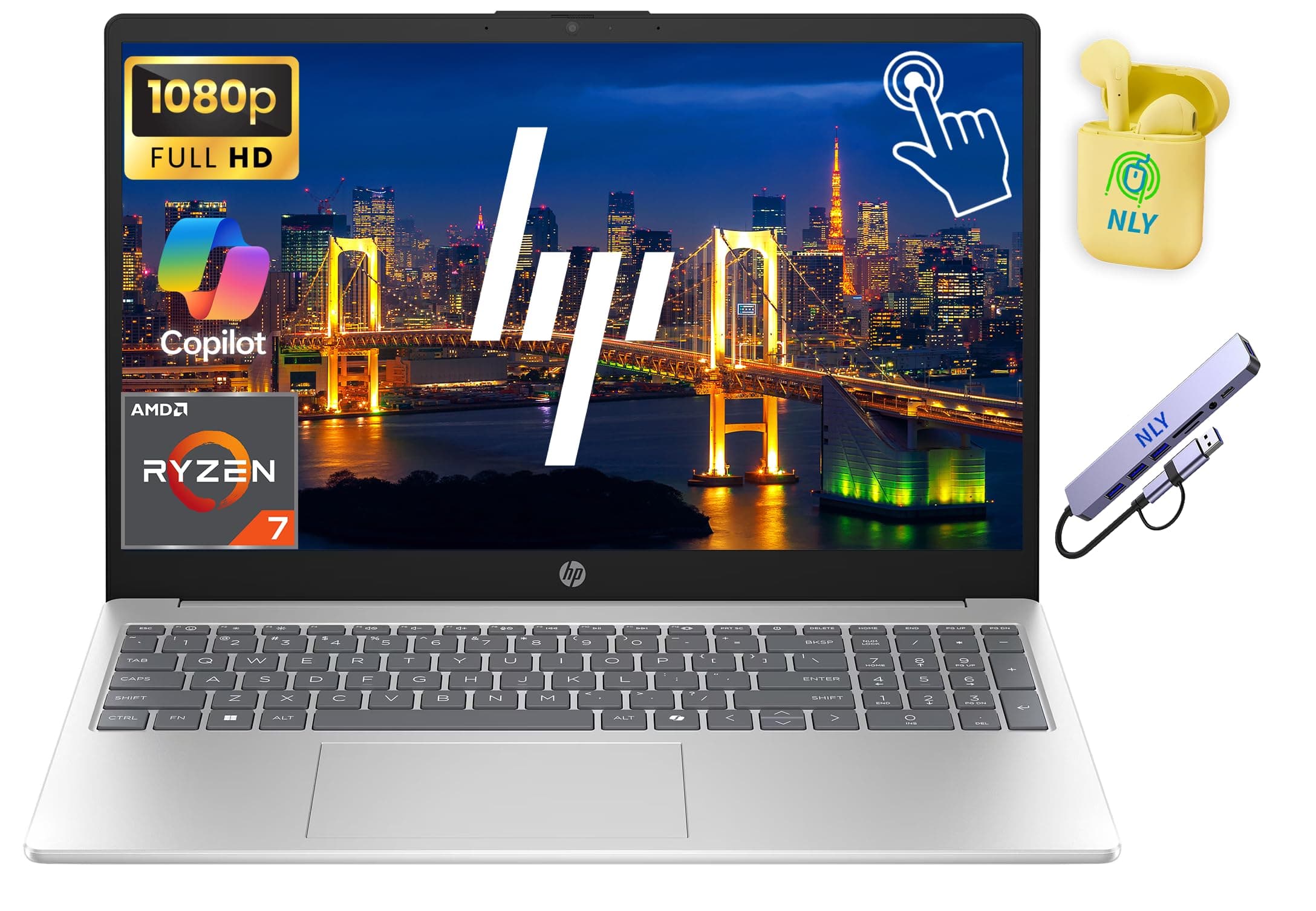 HP Touchscreen 15.6" FHD Business Laptop Computer, 8-core AMD Ryzen 7 Processor, Windows 11 Pro 16GB RAM 512GB Storage (256GB SSD+256GB Docking Set), AI Copilot Ready, NLY Earphones, Black