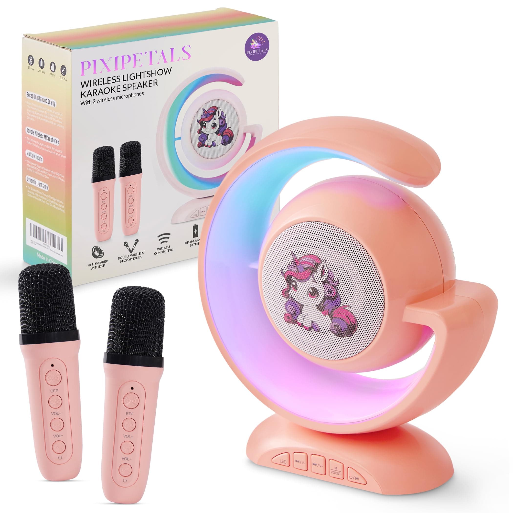 Portable Bluetooth Karaoke Machine for Kids - Karaoke Speaker for Girls with 2 Wireless Microphones, Party Lights, and Voice Effects - Pink Unicorn Design for Girls Ages 5,6,7,8,9,10,11,12 & Teens