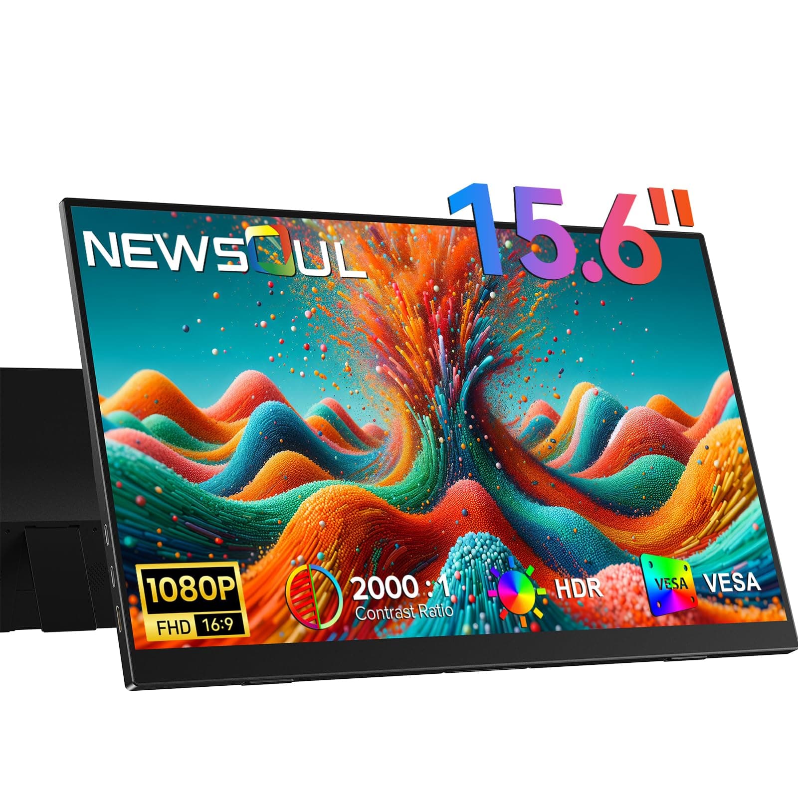 Newsoul Portable Monitor 15.6'' Ultra-Slim Travel Monitor 108%sRGB | 2000:1 Contrast USB C Mini HDMI Plug & Play IPS Monitor Built-in Stand | Speakers External Screen for Laptop Phone Game Console PC