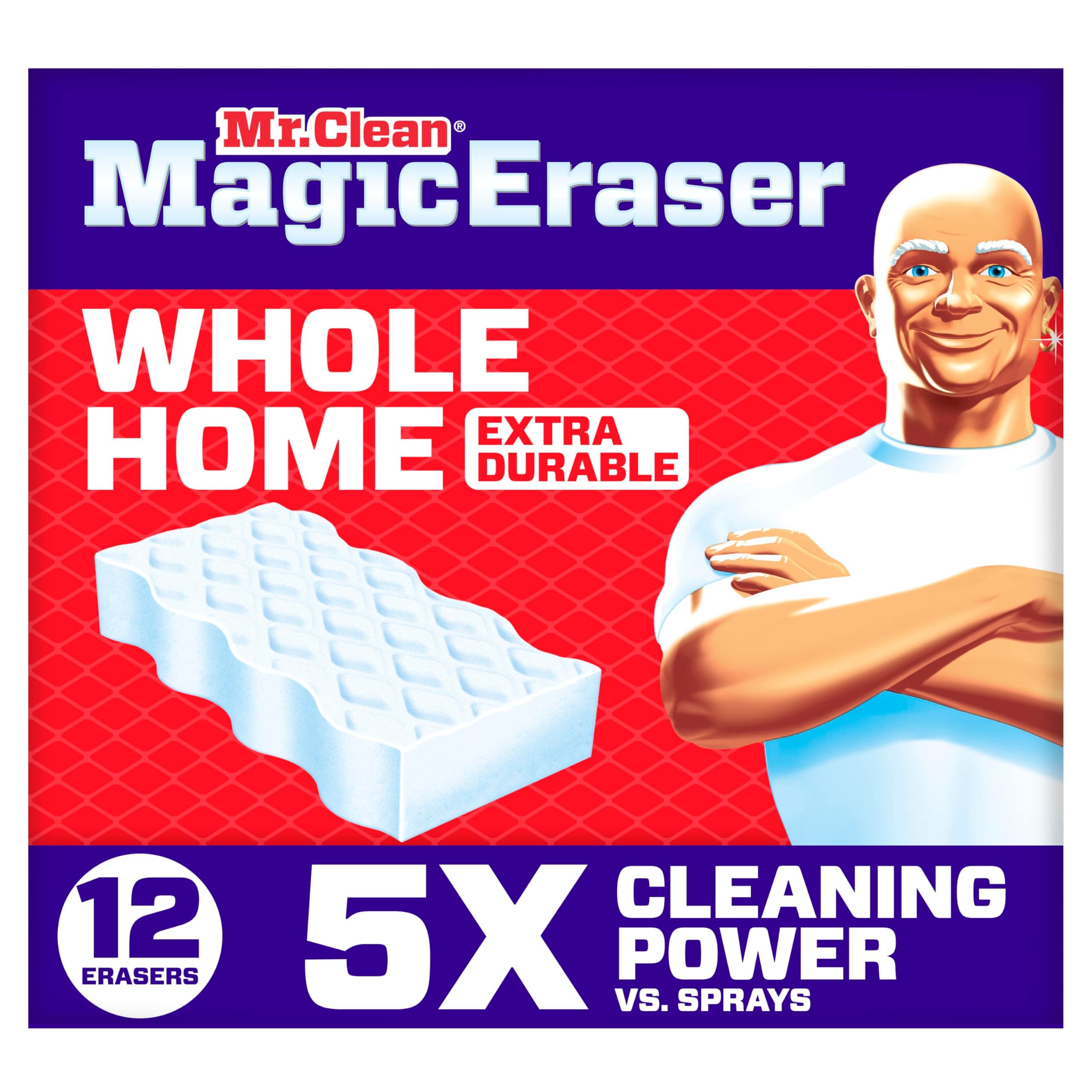 Mr. Clean Magic Eraser Sponge, All Purpose Cleaner, Cleaning Scrubber, Wall, Sneaker, Kitchen, Bathroom, Shower Cleaning Supplies, Melamine Sponge, Cleaning Pads, Whole Home Extra Durable, 12ct