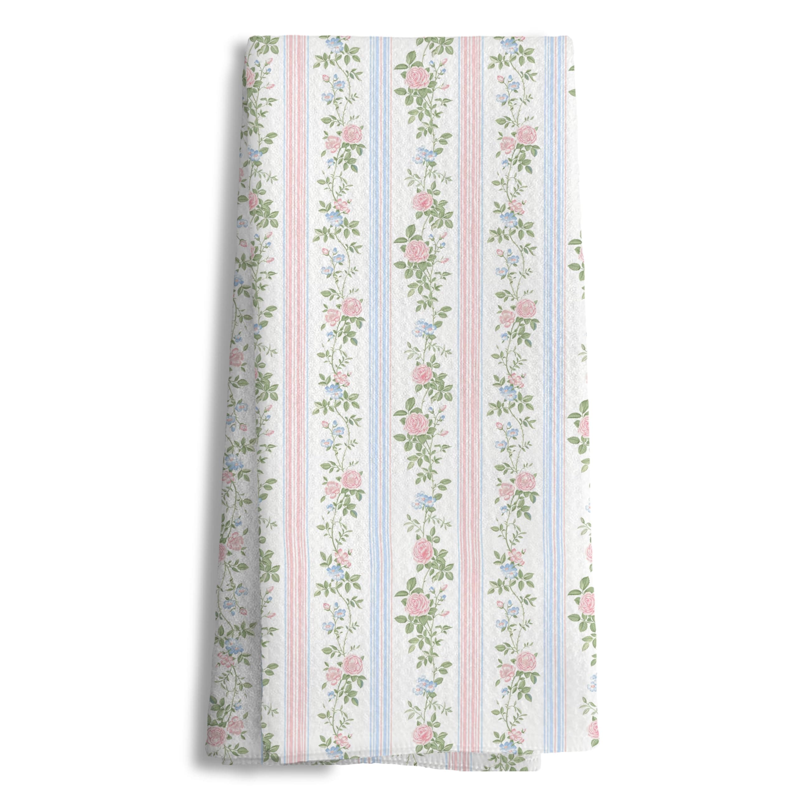 Grandmillennial Blue and Pink Floral Striped Kitchen Towels, Cottagecore French Country Hand Tea Towels for Bathroom, Farmhouse Pink Green Blue Botanical Dish Towel Dishcloth, 16x24 Inch