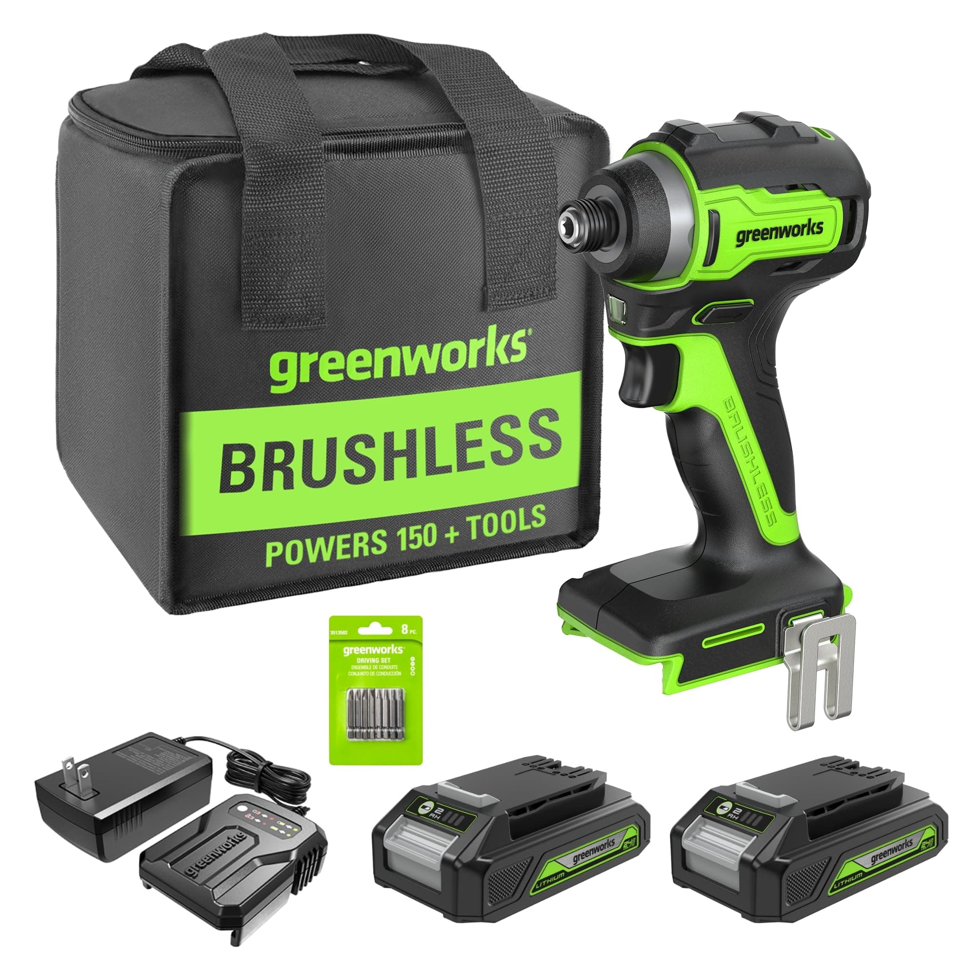 Greenworks 24V Brushless Cordless Impact Driver Kit, 1950 in./lbs Torque, 1/4'' Hex Collet, Variable Speed, 2×2Ah Batteries with 2A Charger, LED Light, 8pcs Drill/Driver Bits with Tool Bag