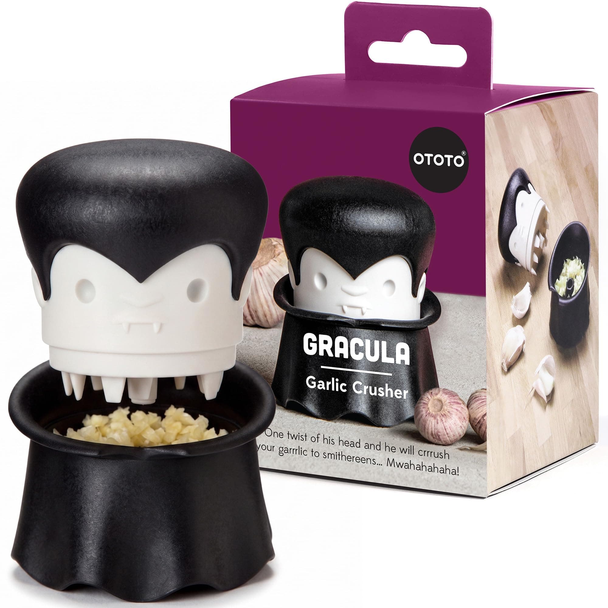 OTOTO Gracula Garlic Press, Garlic Crusher, Garlic Mincer, Also for Ginger, Nuts, Chili, Herbs - Twist Top Mincer & Easy Squeeze Manual Press Peeler, Goth Gifts