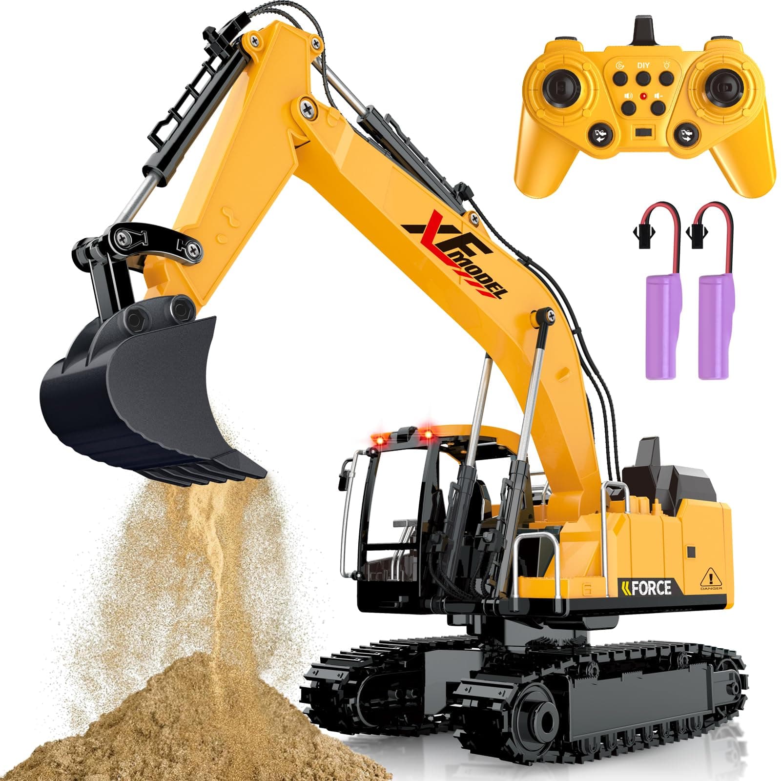 Shemira Remote Control Excavator, 13 Channel RC Excavator Toy for Boys 3-5 4-7 8-12 Year Old, 2.4Ghz RC Construction Vehicles with Metal Shovel & Light & Sound, Kids Christmas Birthday Gifts