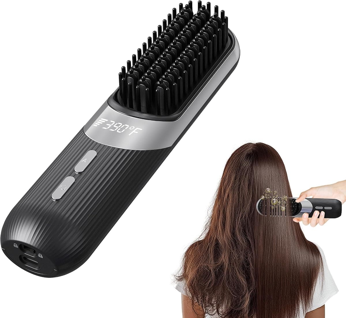 Cordless Hair Styling Brush 2-in-1 AI Smart Styler Fast Heat 30 Seconds USB Rechargeable Dual Power LCD Display Portable Travel Comb Includes Pouch (Black)