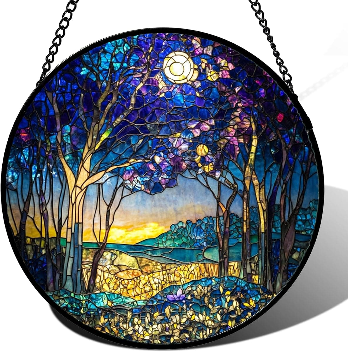 Stained Glass Window Hanging Blue Purple Forest Trees Landscape Moon 6.3" - Suncatcher Door Garden Sun Catcher Home Decor Birthday Christmas for Mom Men Woman Nana