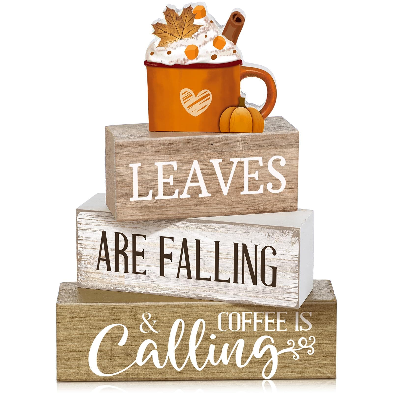Lineshading 4 Pcs Fall Coffee Table Decorations Fall Decor for Home Thanksgiving Tiered Tray Decor Rustic Wooden Hot Cocoa Cup Pumpkin Latte Block Sign for Autumn Harvest Party Coffee Bar Kitchen